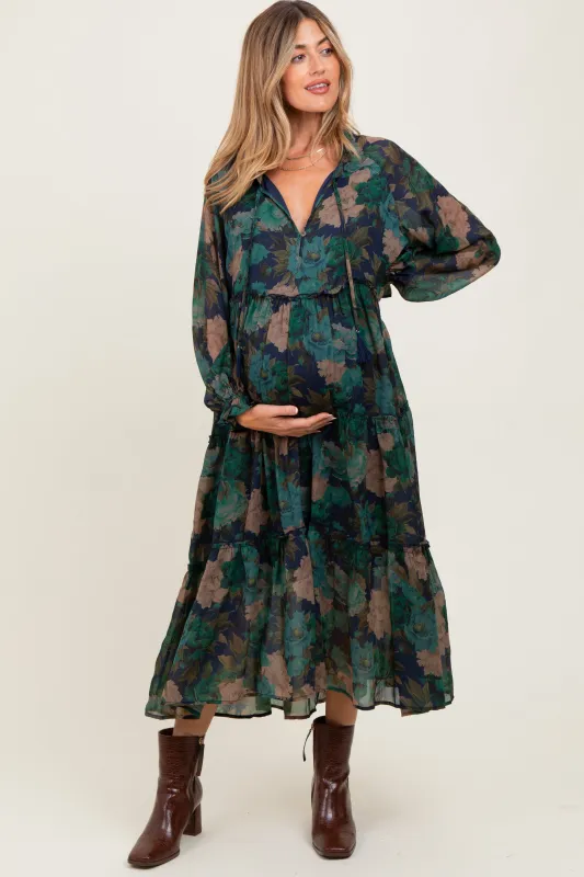Navy Floral Chiffon Ruffle Tiered Maternity Midi Dress sold by Pinkblush