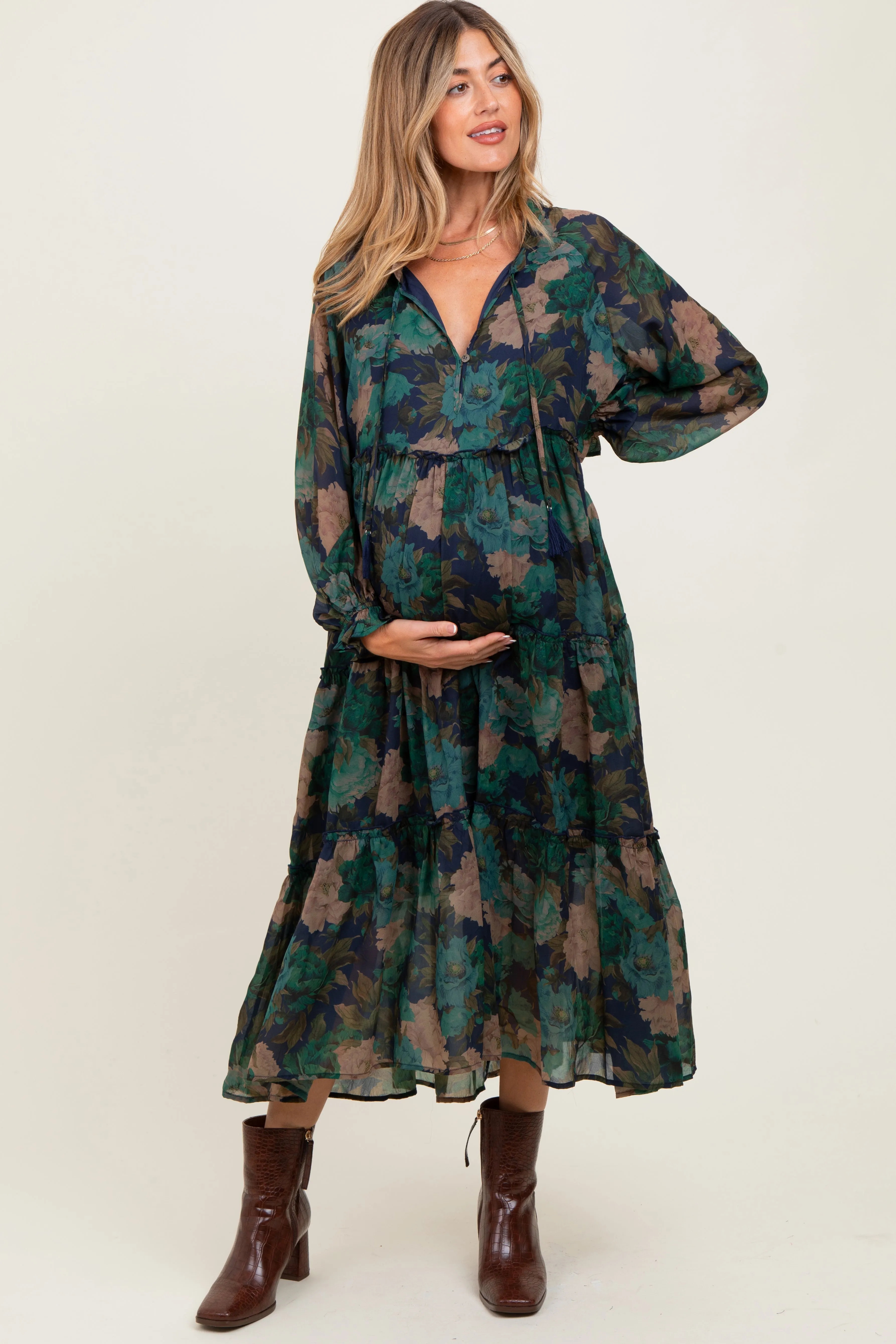 Navy Floral Chiffon Ruffle Tiered Maternity Midi Dress sold by Pinkblush