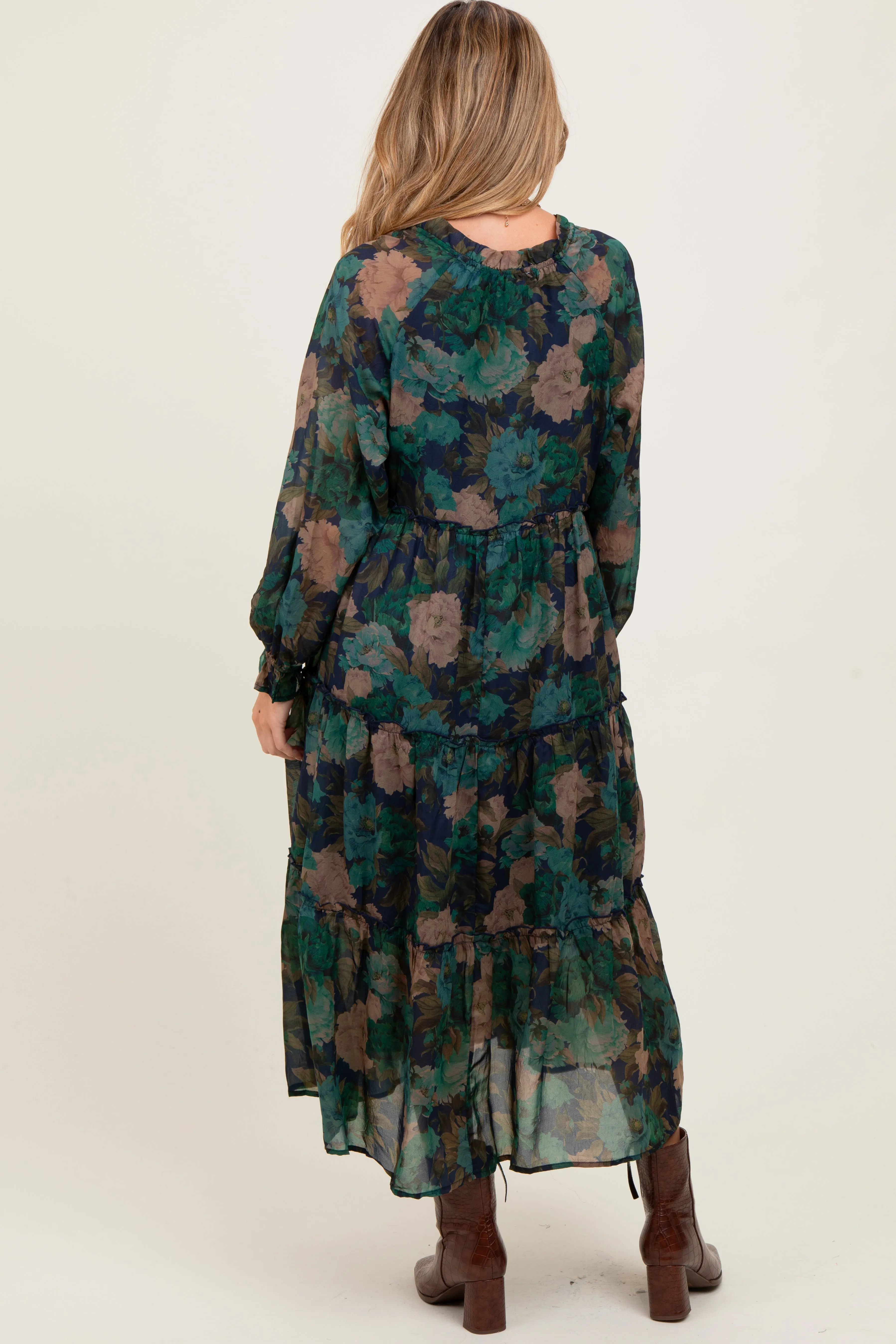 Navy Floral Chiffon Ruffle Tiered Maternity Midi Dress sold by Pinkblush product image thumbnail 2