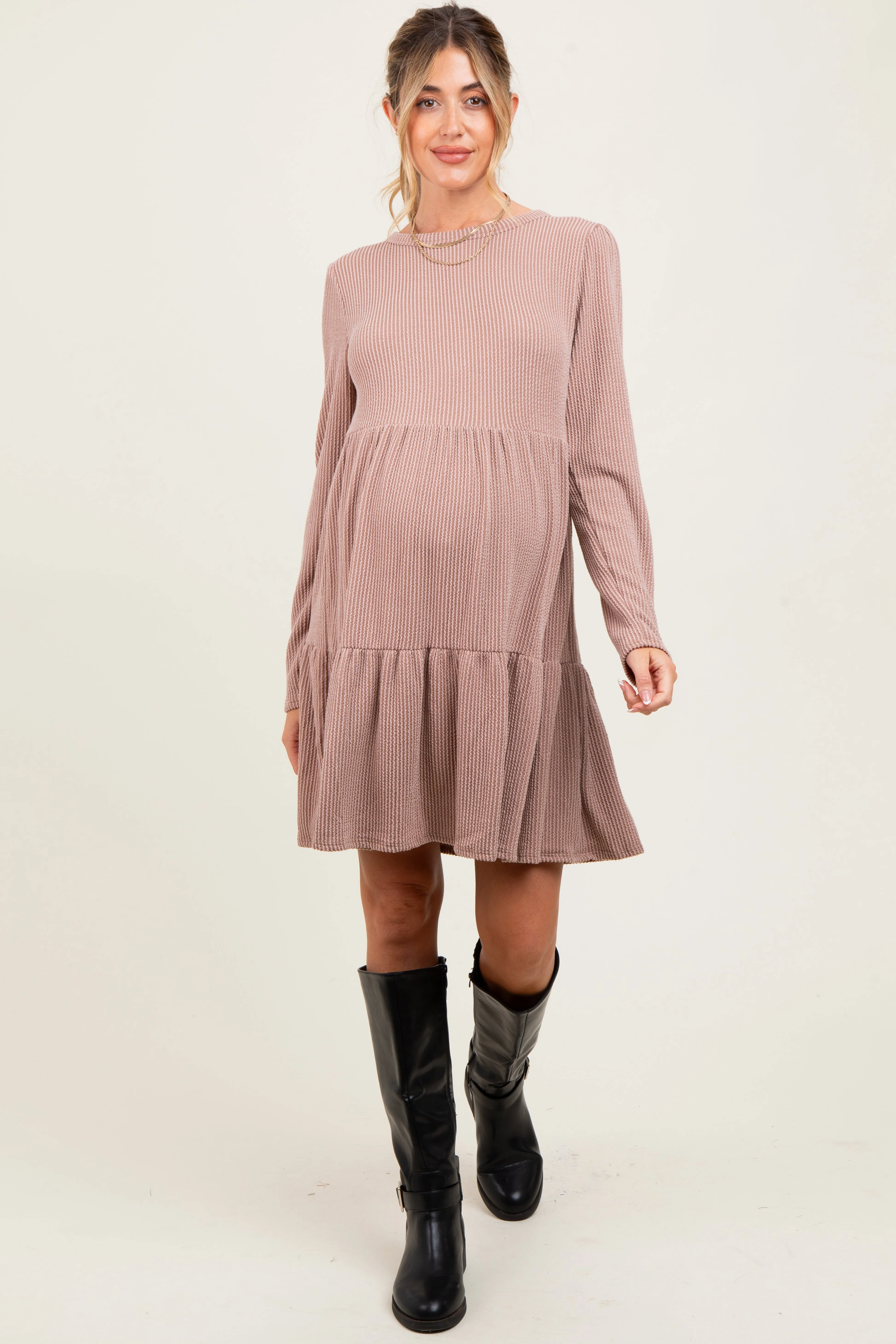 Taupe Textured Rib Tiered Long Sleeve Maternity Dress sold by Pinkblush product image thumbnail 2