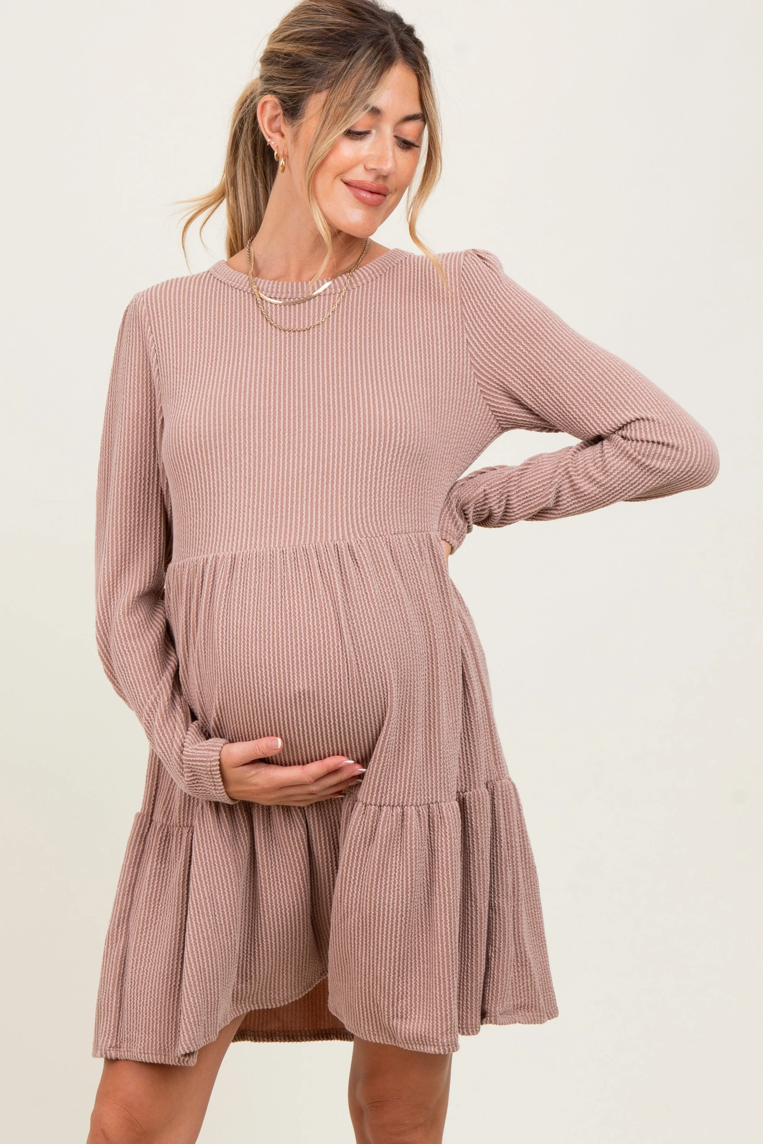 Taupe Textured Rib Tiered Long Sleeve Maternity Dress sold by Pinkblush