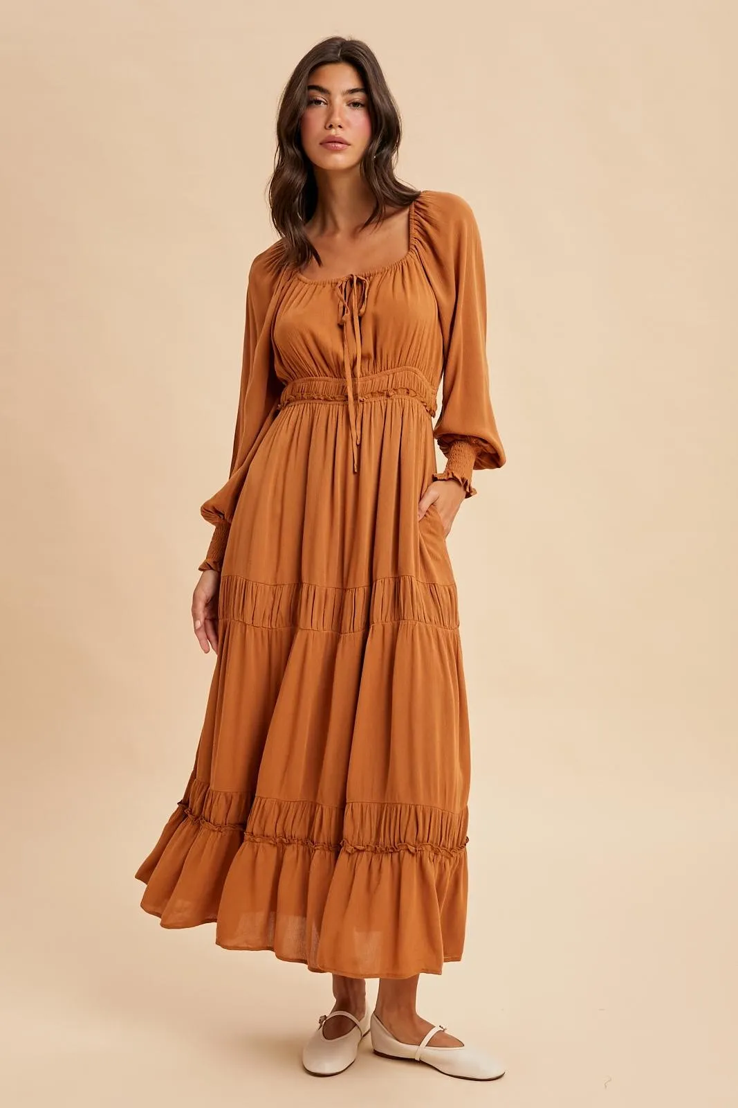 Camel Square Neck Long Sleeve Maxi Dress sold by Pinkblush