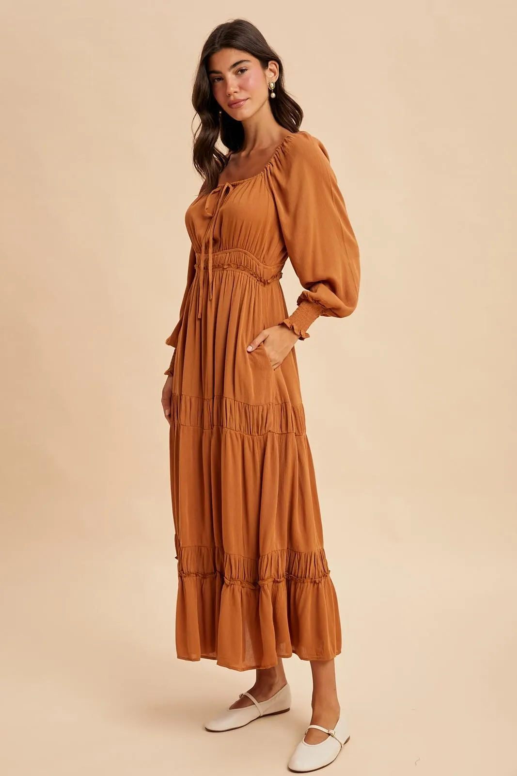 Camel Square Neck Long Sleeve Maxi Dress sold by Pinkblush product image thumbnail 3