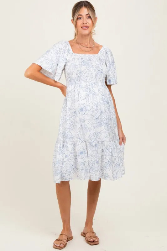 Ivory Floral Smocked Flutter Sleeve Maternity Midi Dress sold by Pinkblush