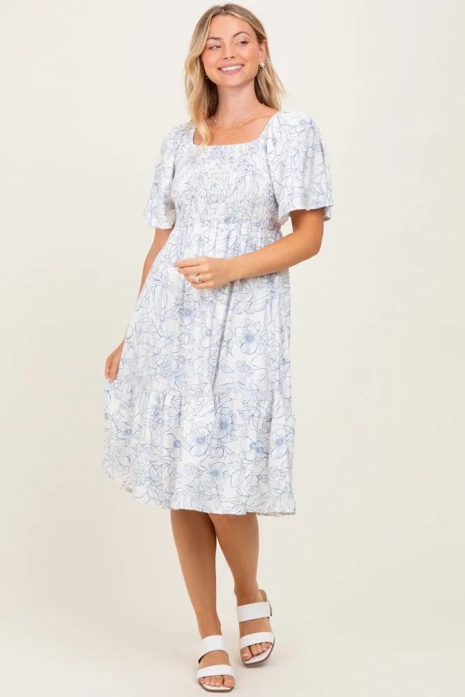 Ivory Floral Smocked Flutter Sleeve Maternity Midi Dress sold by Pinkblush product image thumbnail 5