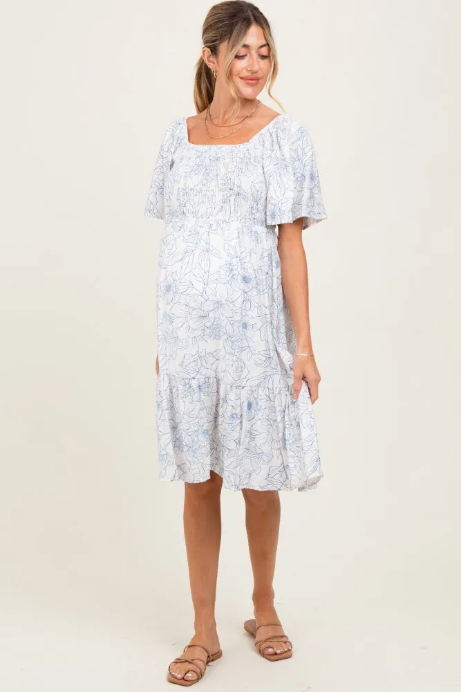 Ivory Floral Smocked Flutter Sleeve Maternity Midi Dress sold by Pinkblush product image thumbnail 2