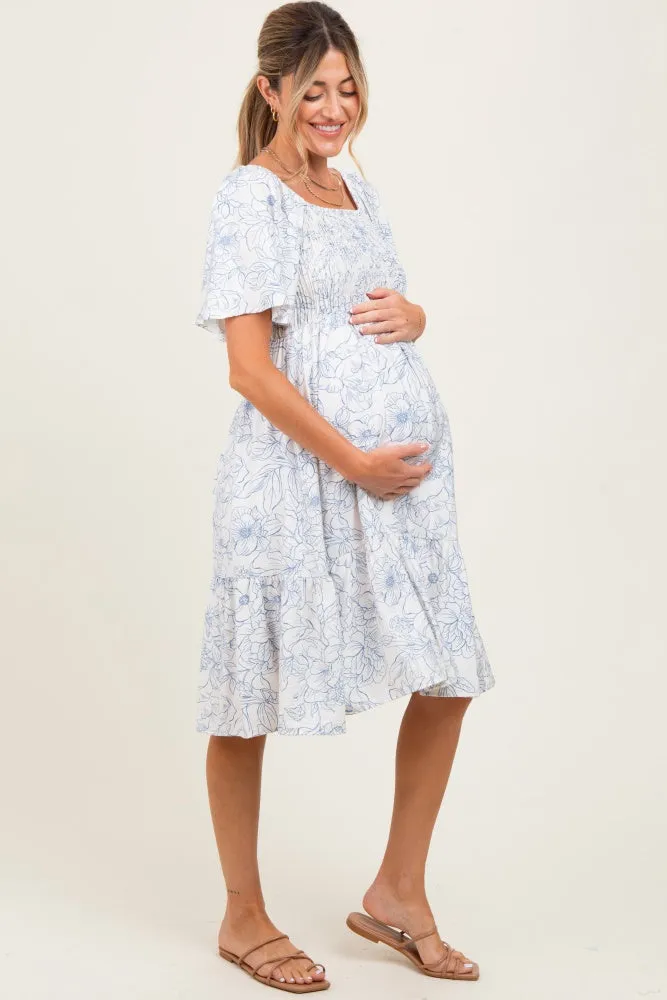Ivory Floral Smocked Flutter Sleeve Maternity Midi Dress sold by Pinkblush product image thumbnail 3