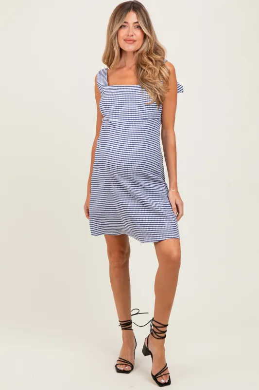 Navy Gingham Square Neck Bow Strap Maternity Dress sold by Pinkblush