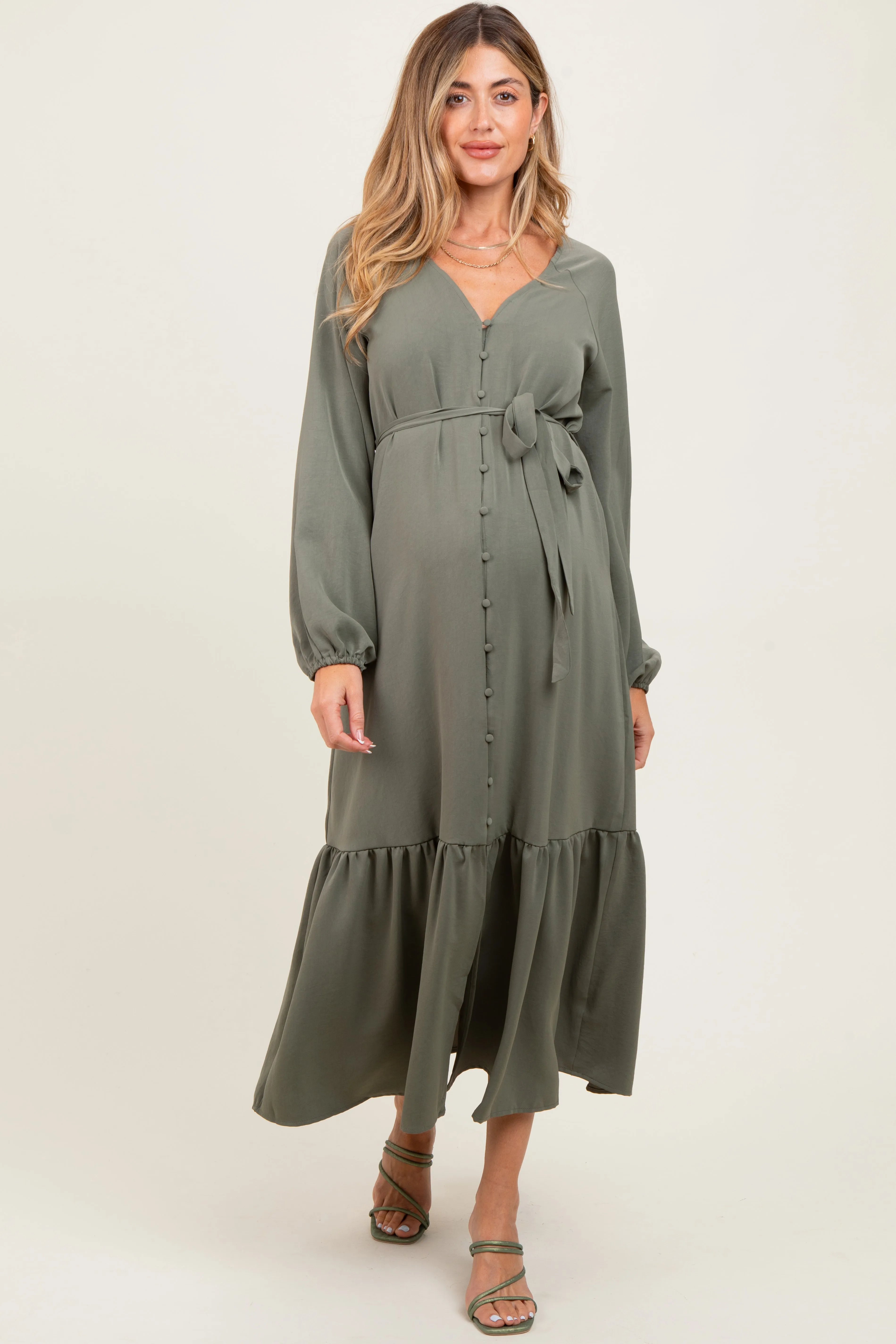 Olive Elegant Long Sleeve Waist Tie Maternity Midi Dress sold by Pinkblush