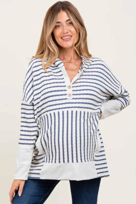 Light Navy Textured Stripe Button Up Maternity Hoodie sold by Pinkblush