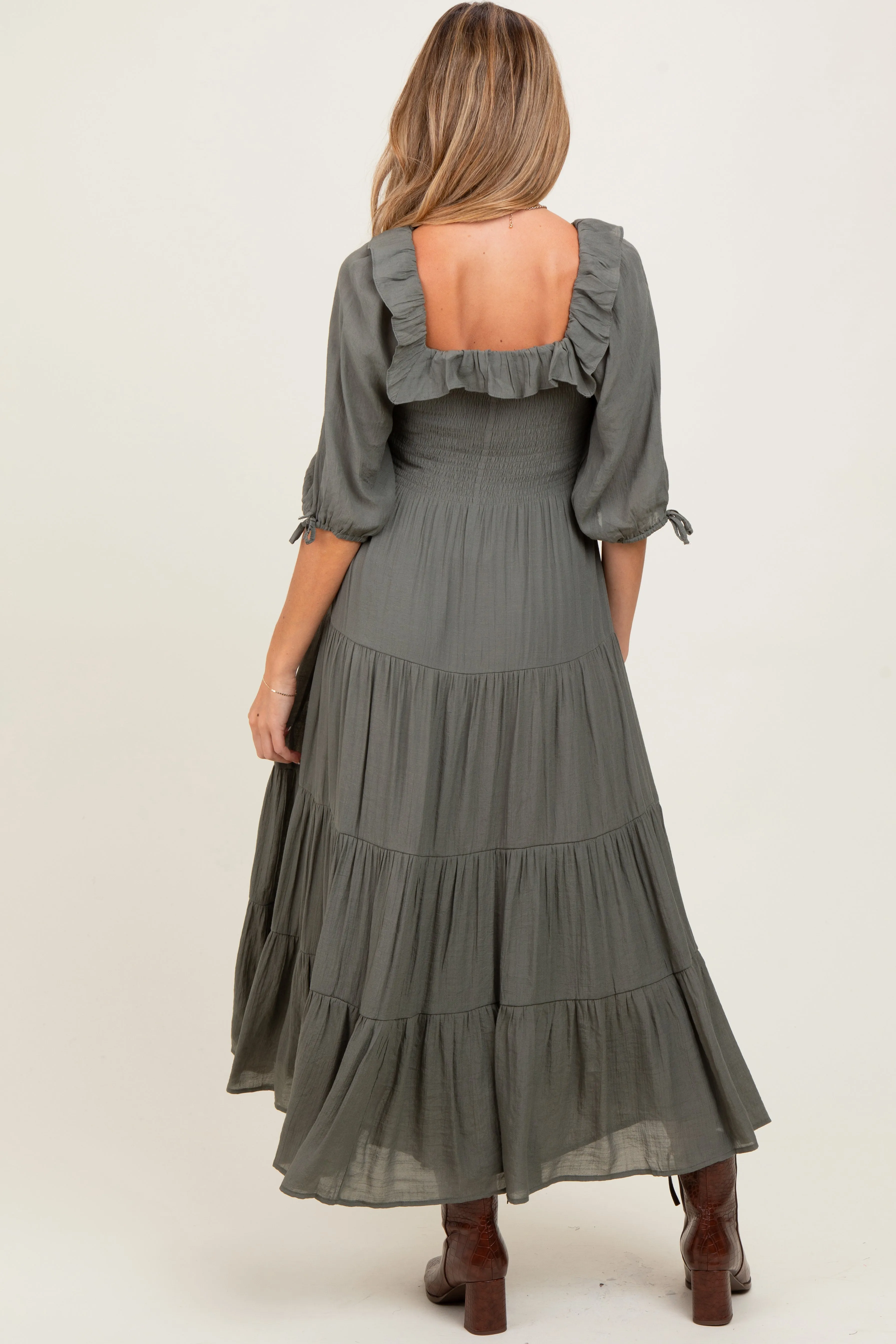 Olive Smocked Ruffle Detail Tiered Maternity Midi Dress sold by Pinkblush product image thumbnail 3