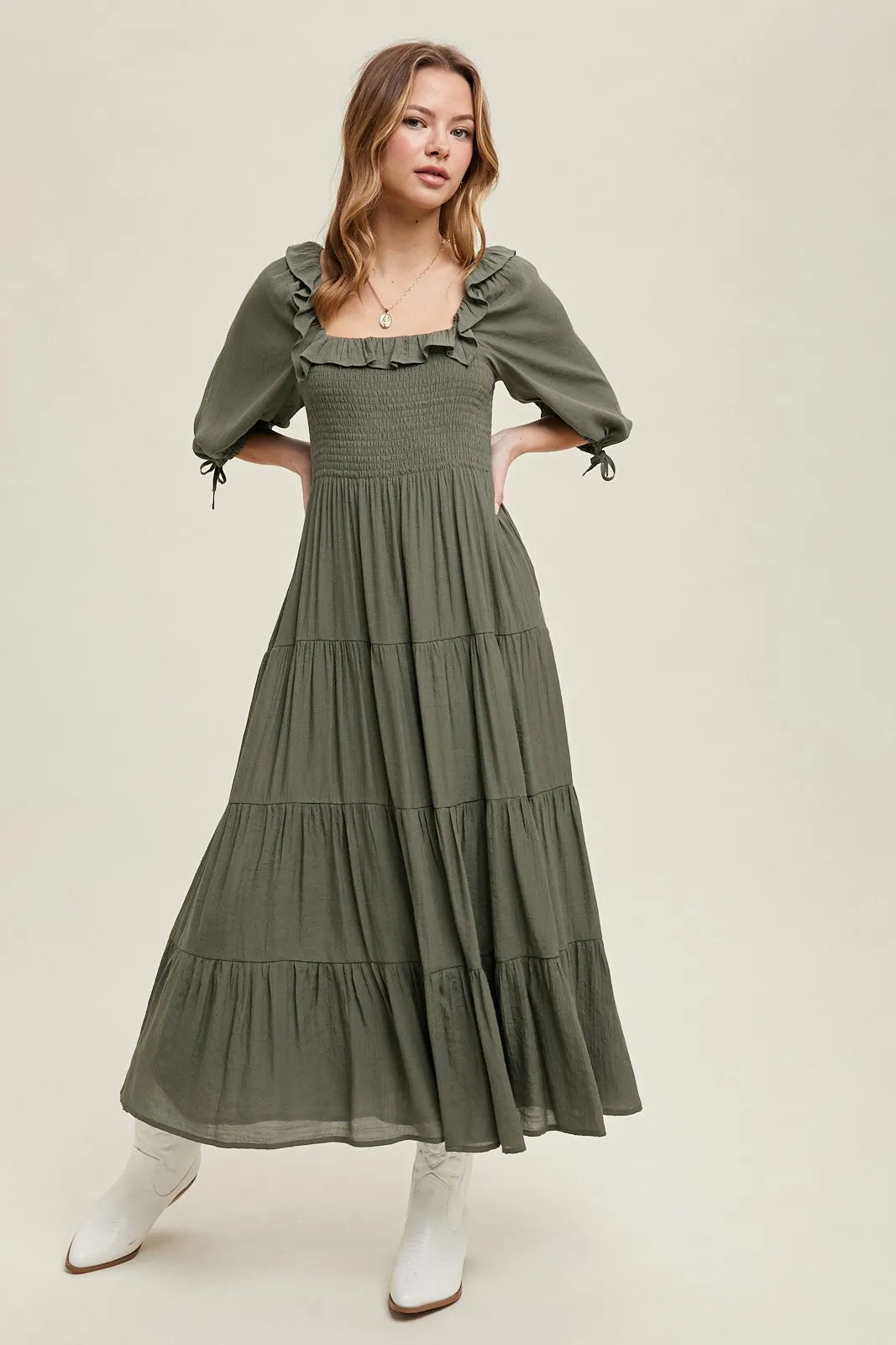 Olive Smocked Ruffle Detail Tiered Maternity Midi Dress sold by Pinkblush product image thumbnail 4