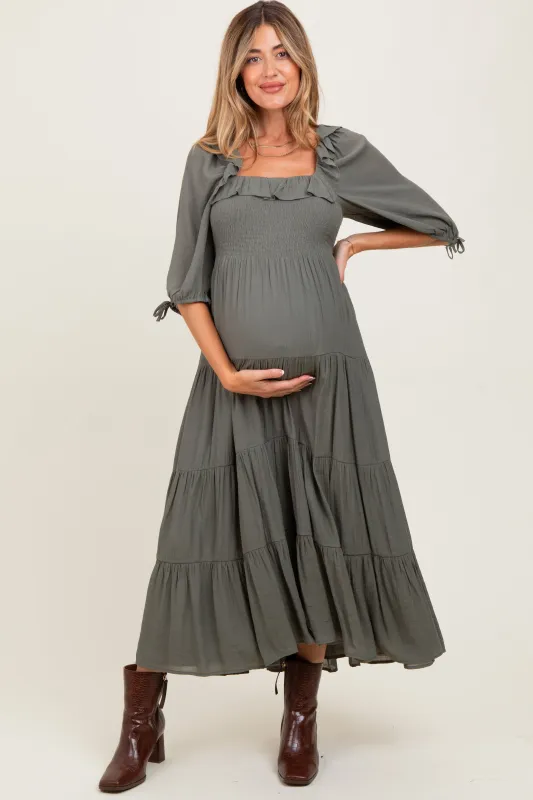 Olive Smocked Ruffle Detail Tiered Maternity Midi Dress sold by Pinkblush