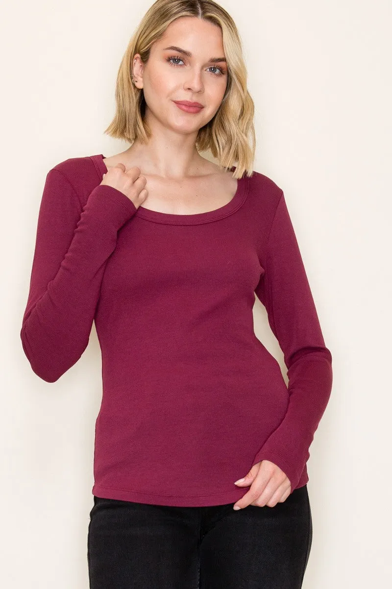 Burgundy Fine Rib Scoop Neck Long Sleeve Top sold by Pinkblush