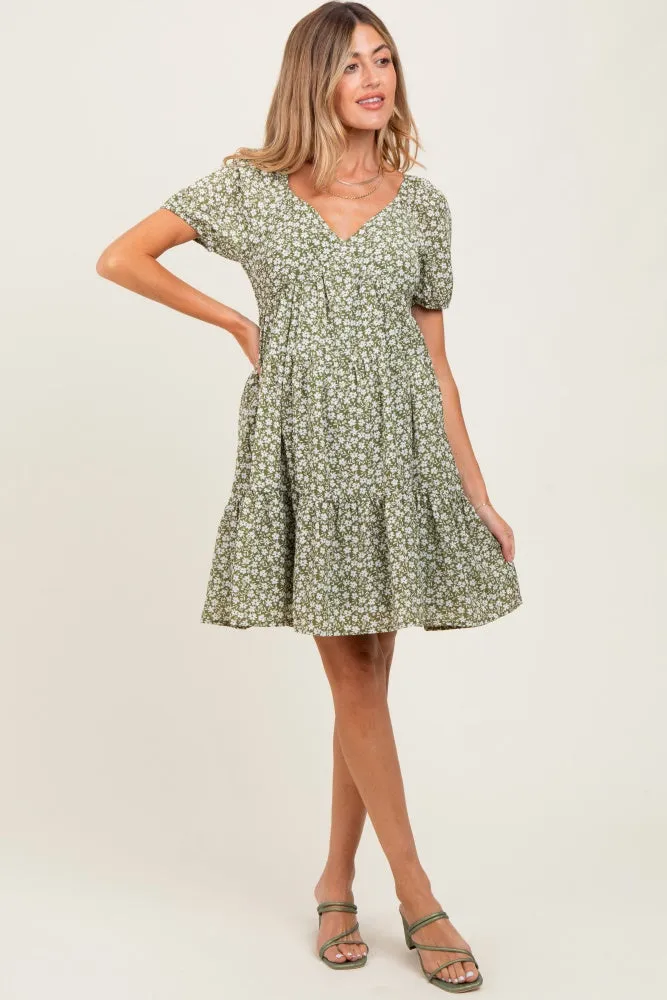 Light Olive Floral Tiered V-Neck Maternity Mini Dress sold by Pinkblush