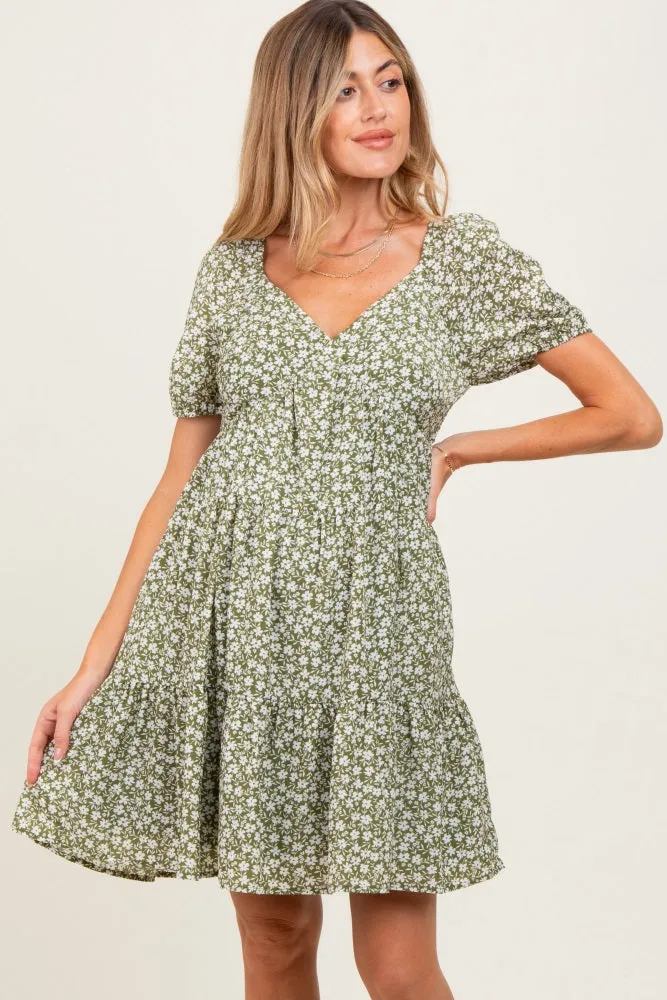 Light Olive Floral Tiered V-Neck Maternity Mini Dress sold by Pinkblush product image thumbnail 2
