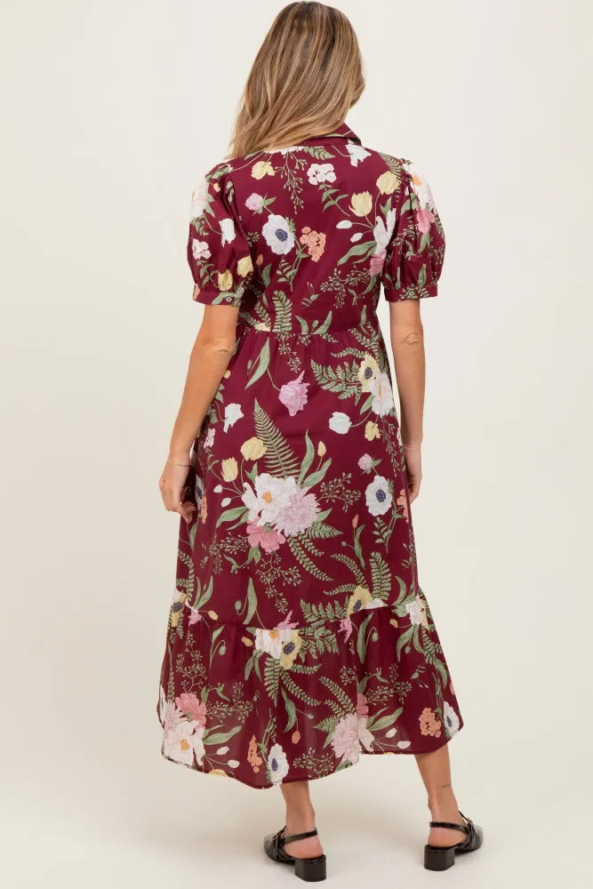 Burgundy Floral Puff Sleeve Button Down Maternity Midi Dress sold by Pinkblush product image thumbnail 3