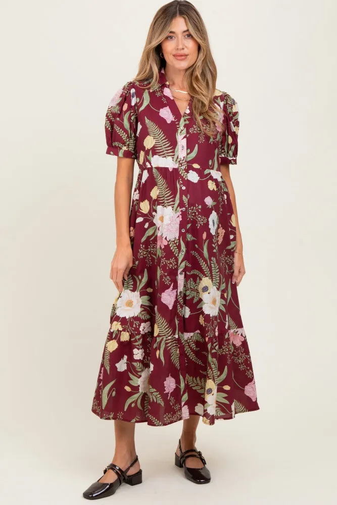 Burgundy Floral Puff Sleeve Button Down Maternity Midi Dress sold by Pinkblush