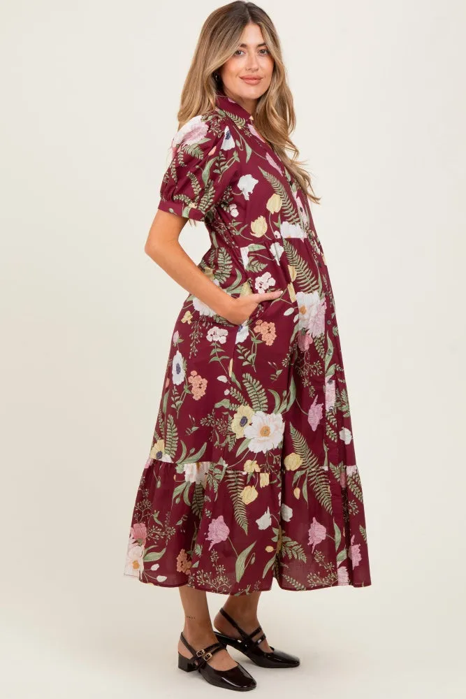 Burgundy Floral Puff Sleeve Button Down Maternity Midi Dress sold by Pinkblush product image thumbnail 2