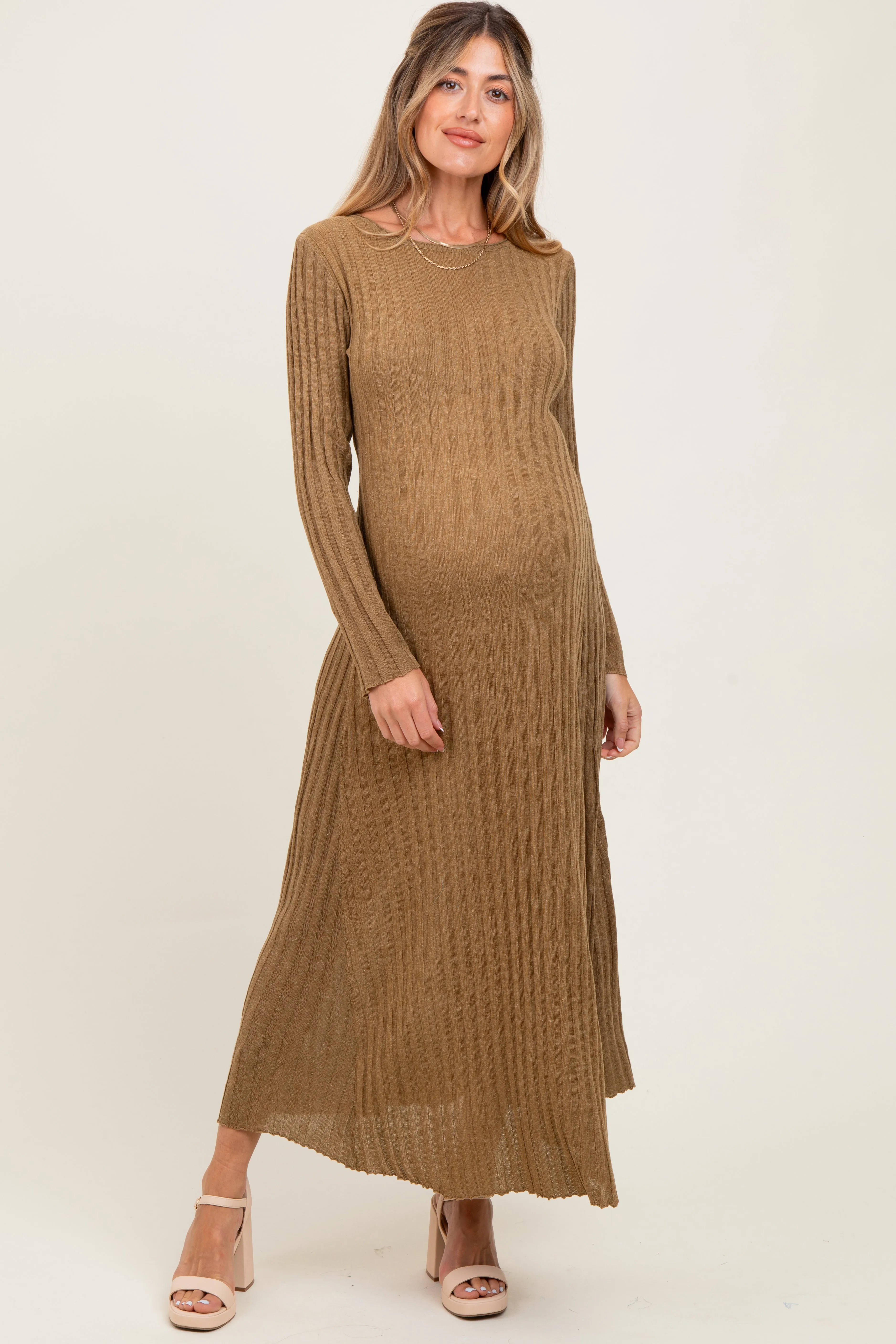 Mocha Ribbed Long Sleeve Maternity Maxi Dress sold by Pinkblush