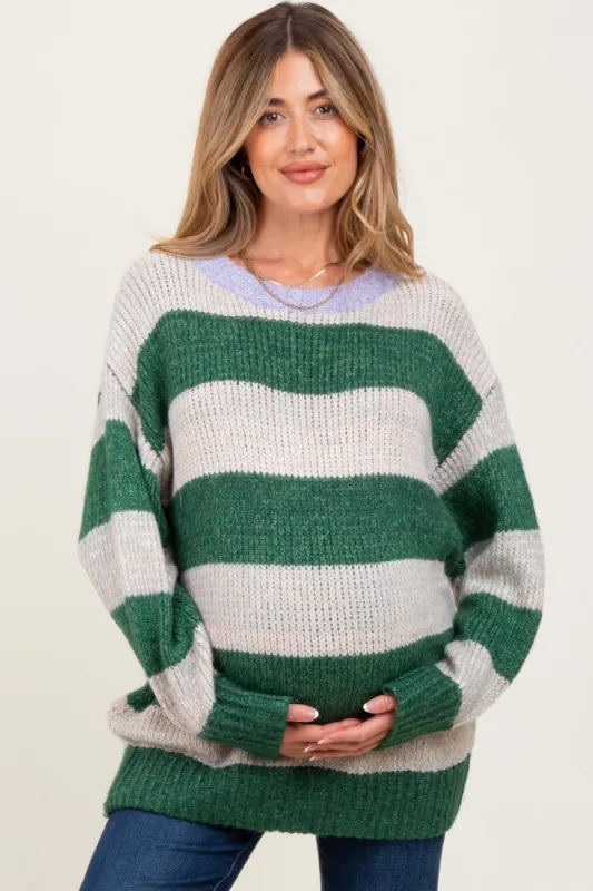 Green Wide Stripe Chunky Knit Maternity Sweater sold by Pinkblush