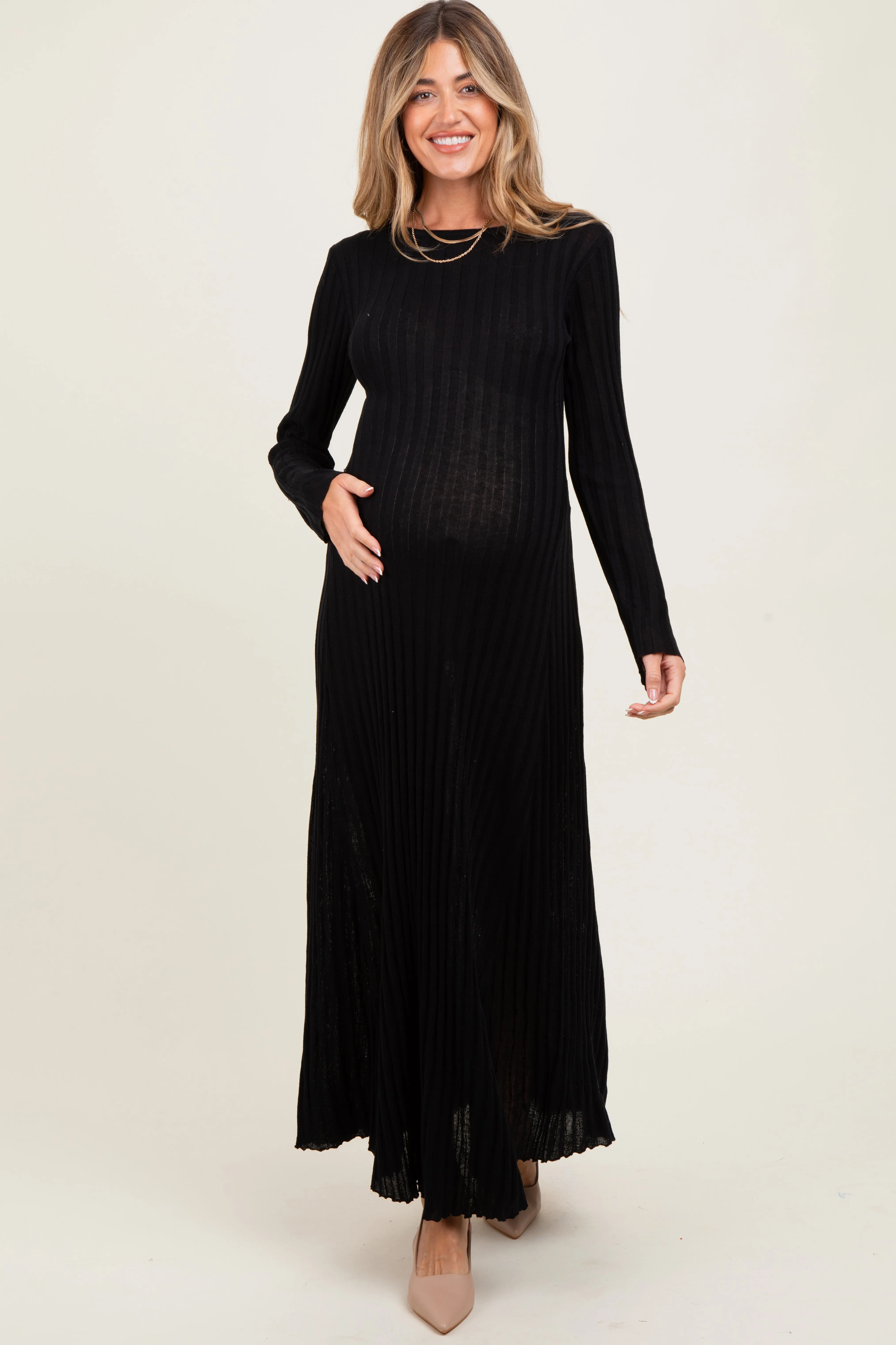 Black Ribbed Long Sleeve Maternity Maxi Dress sold by Pinkblush product image thumbnail 2