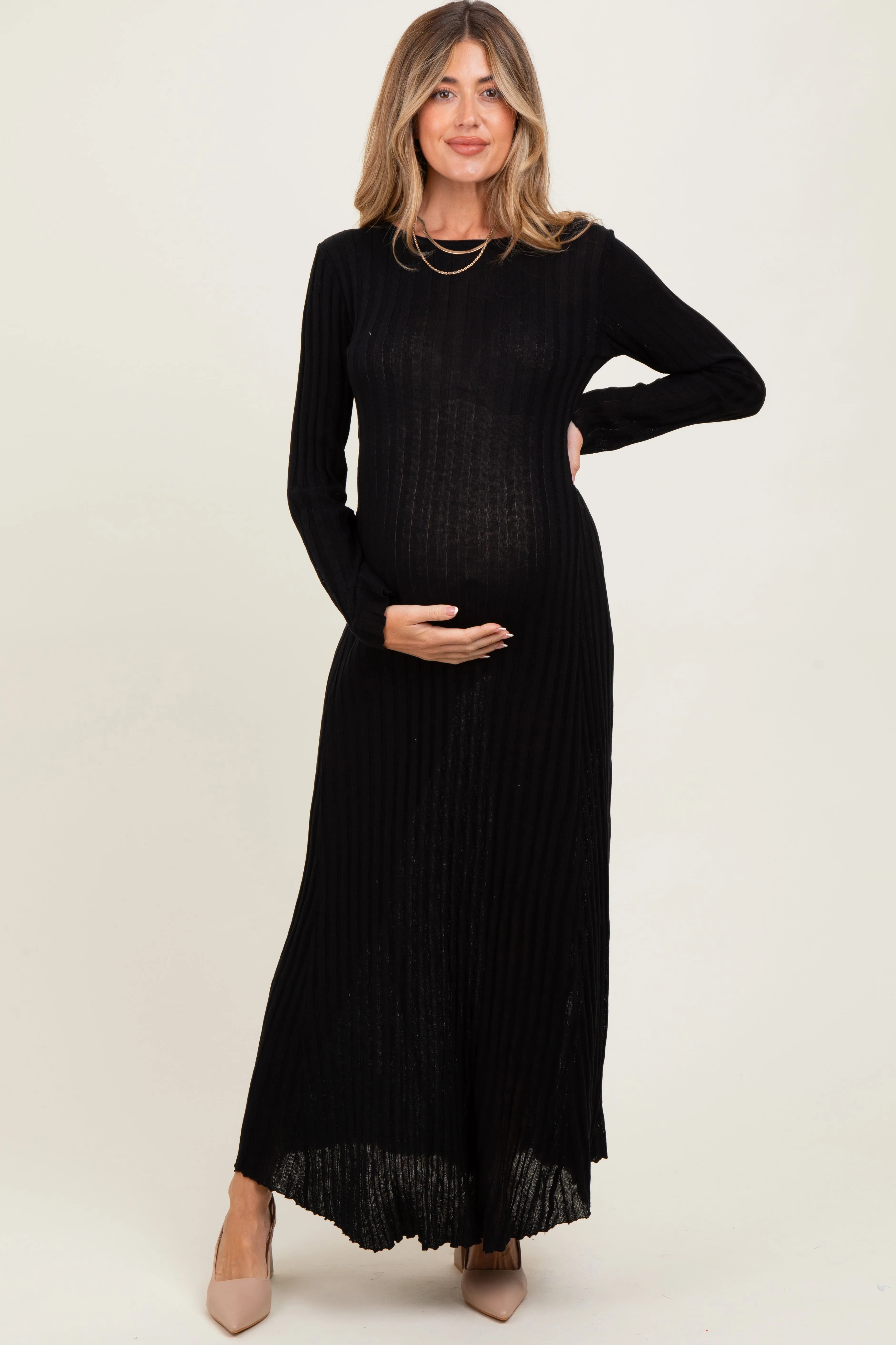 Black Ribbed Long Sleeve Maternity Maxi Dress sold by Pinkblush