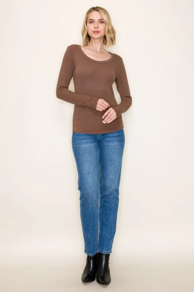 Mocha Fine Rib Scoop Neck Long Sleeve Top sold by Pinkblush product image thumbnail 4
