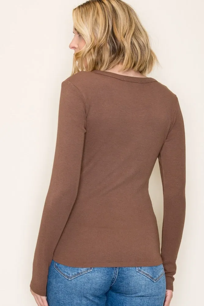 Mocha Fine Rib Scoop Neck Long Sleeve Top sold by Pinkblush product image thumbnail 3