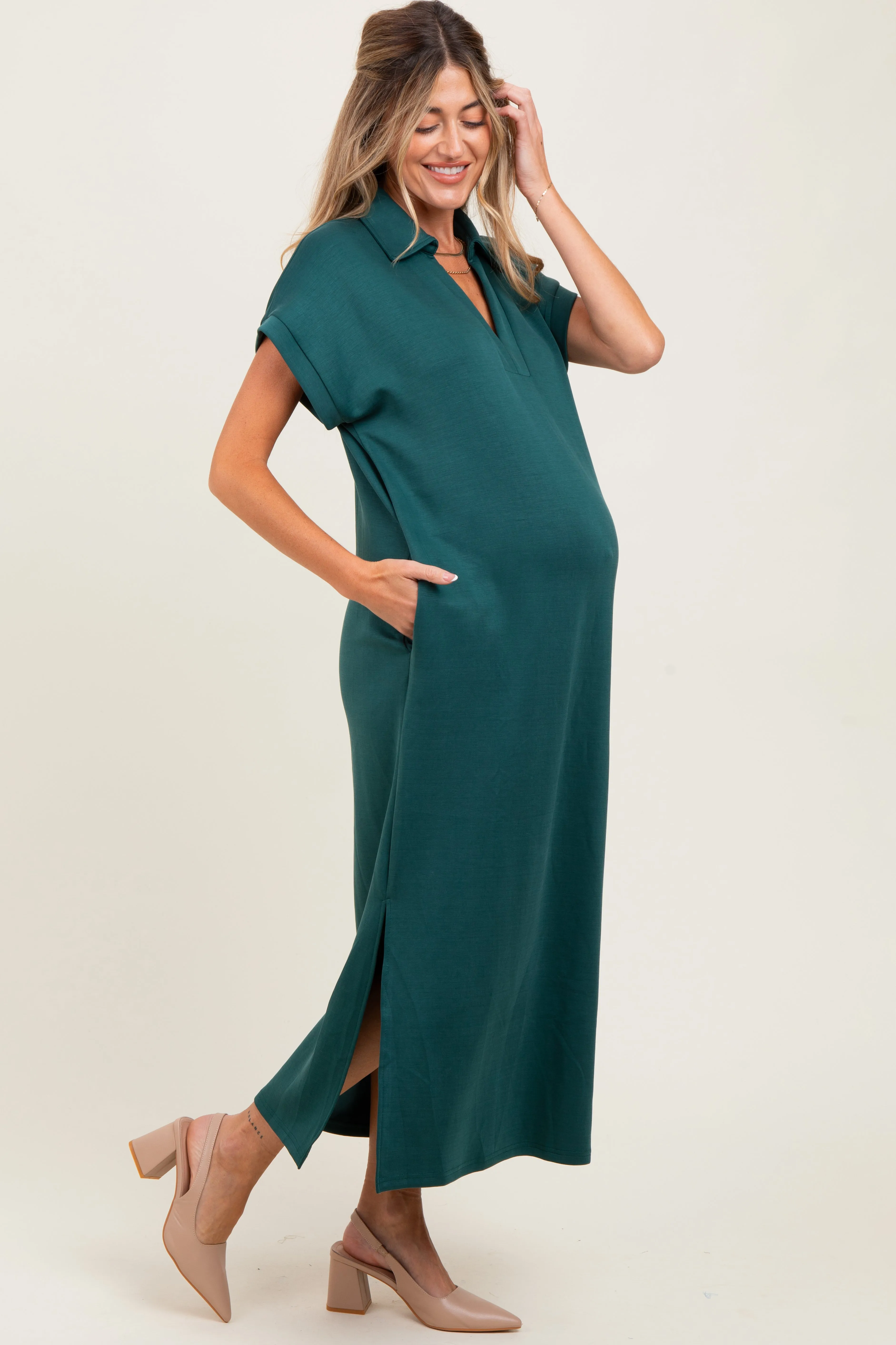 Forest Green Collared Short Sleeve Maternity Midi Dress sold by Pinkblush product image thumbnail 3