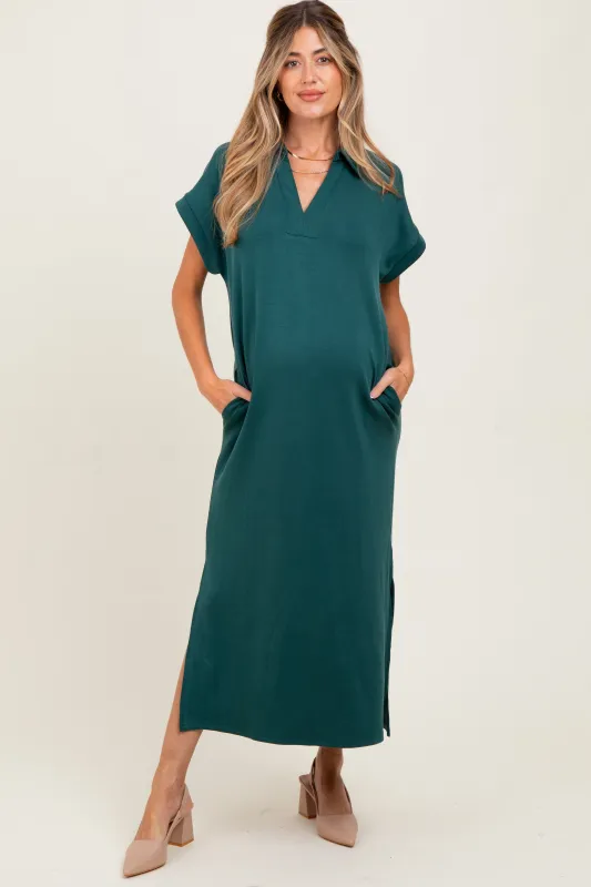 Forest Green Collared Short Sleeve Maternity Midi Dress sold by Pinkblush