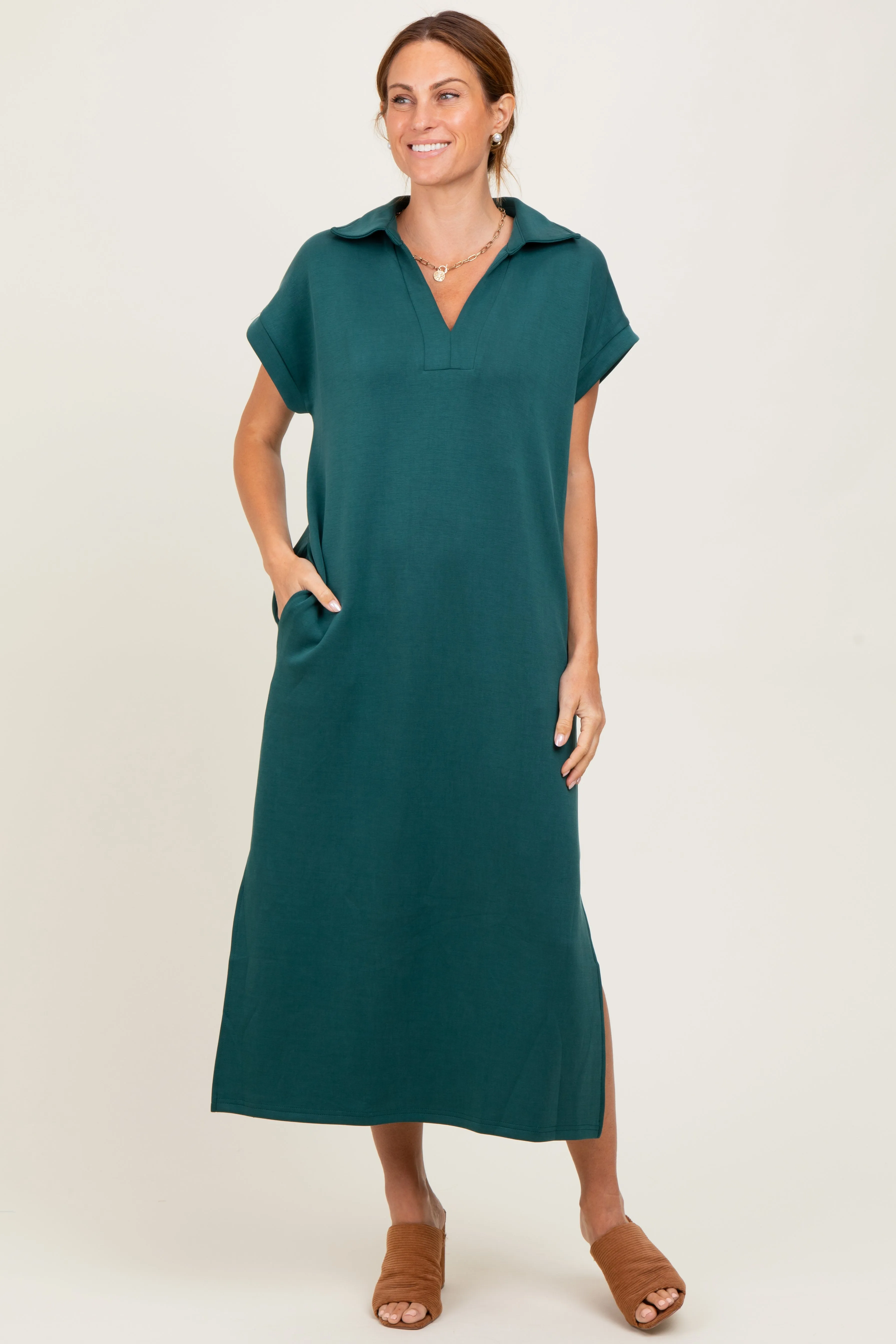 Forest Green Collared Short Sleeve Maternity Midi Dress sold by Pinkblush product image thumbnail 5