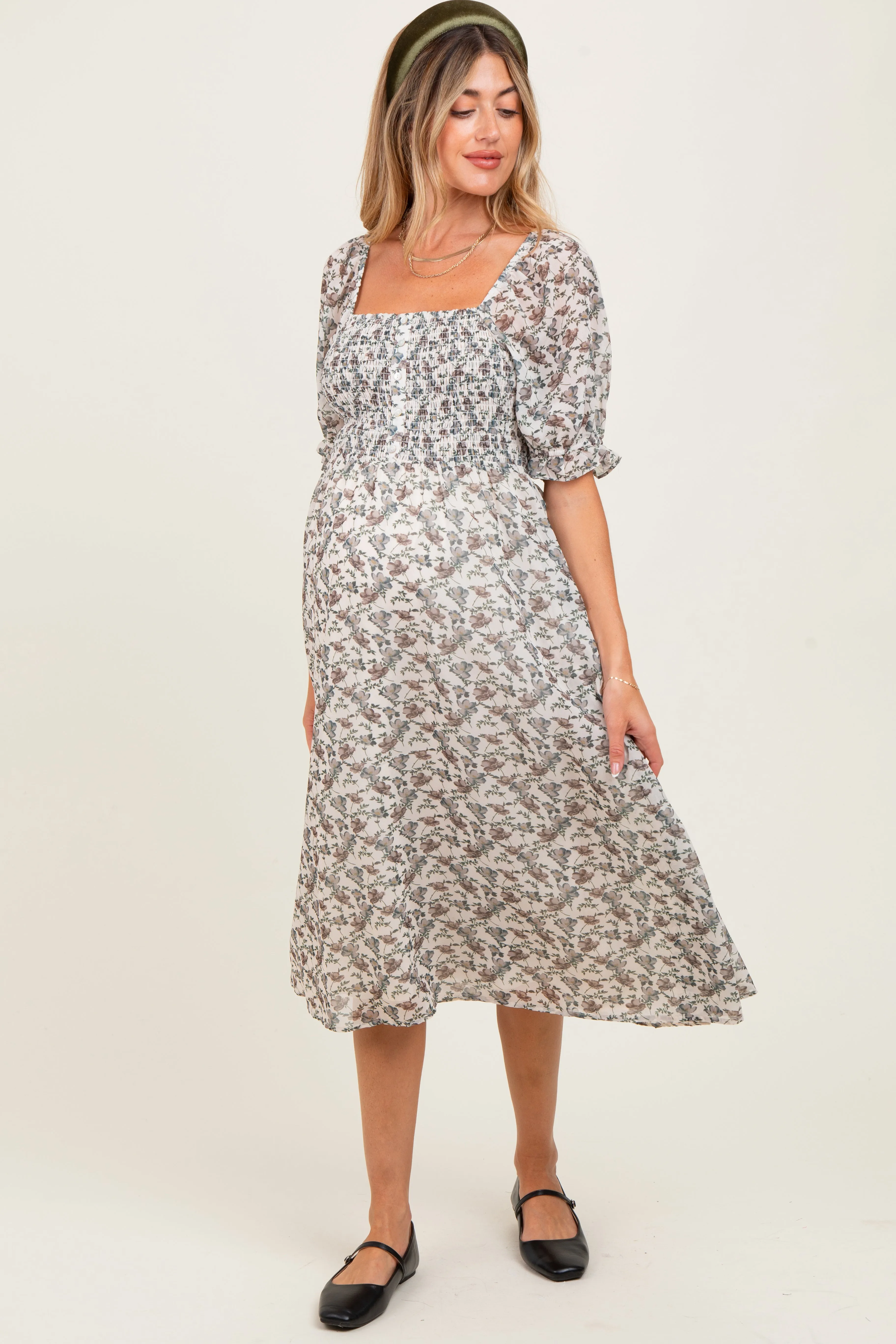Cream Floral Smocked Puff Sleeve Maternity Midi Dress sold by Pinkblush product image thumbnail 2