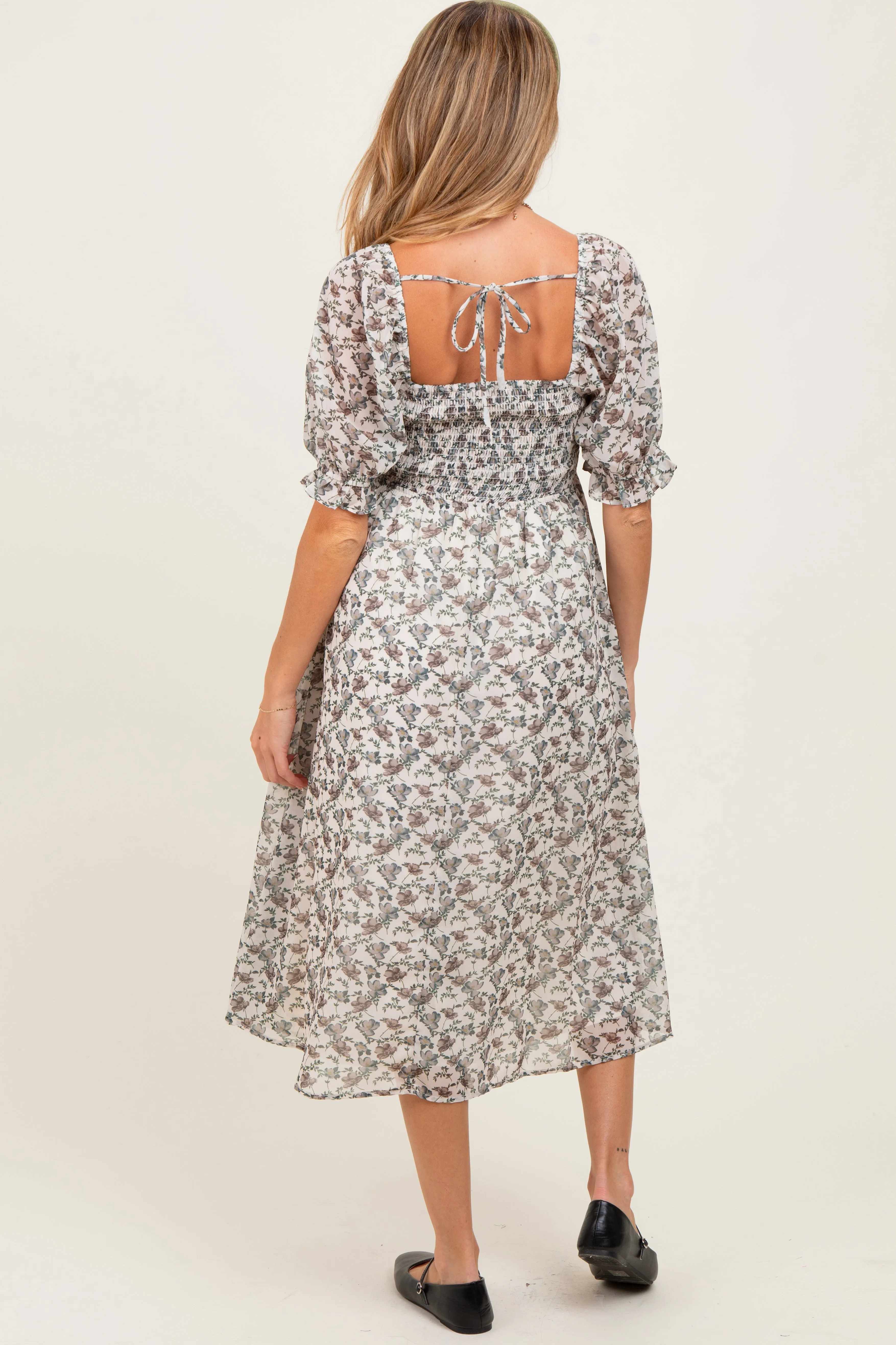 Cream Floral Smocked Puff Sleeve Maternity Midi Dress sold by Pinkblush product image thumbnail 4