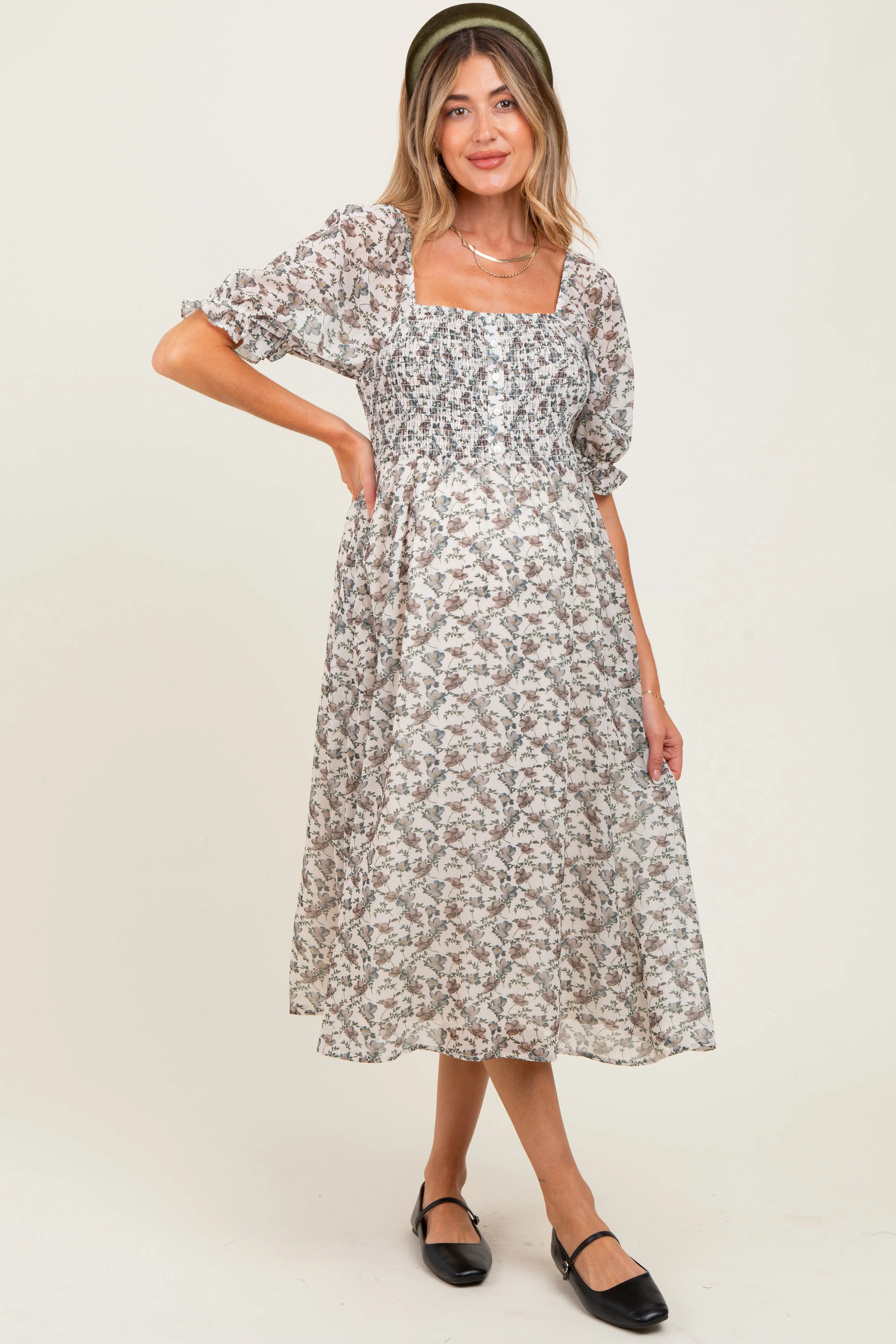Cream Floral Smocked Puff Sleeve Maternity Midi Dress sold by Pinkblush