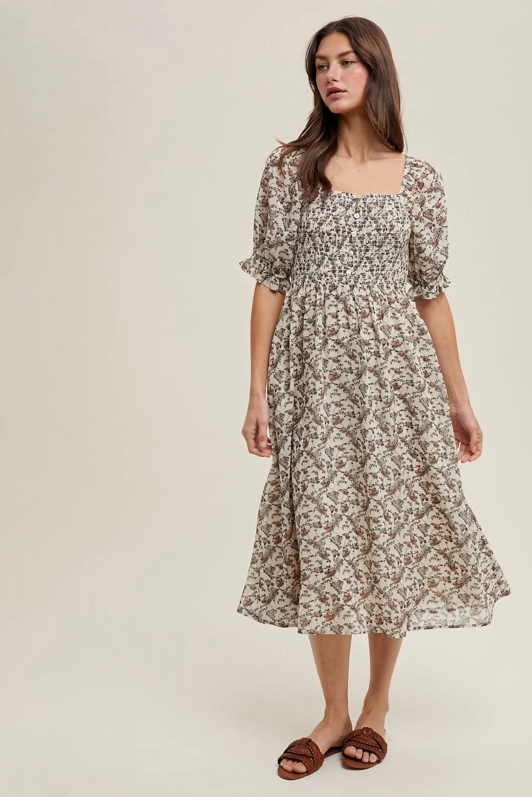 Cream Floral Smocked Puff Sleeve Maternity Midi Dress sold by Pinkblush product image thumbnail 5