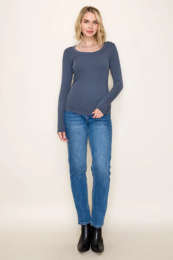 Dark Blue Fine Rib Scoop Neck Long Sleeve Top sold by Pinkblush product image thumbnail 4