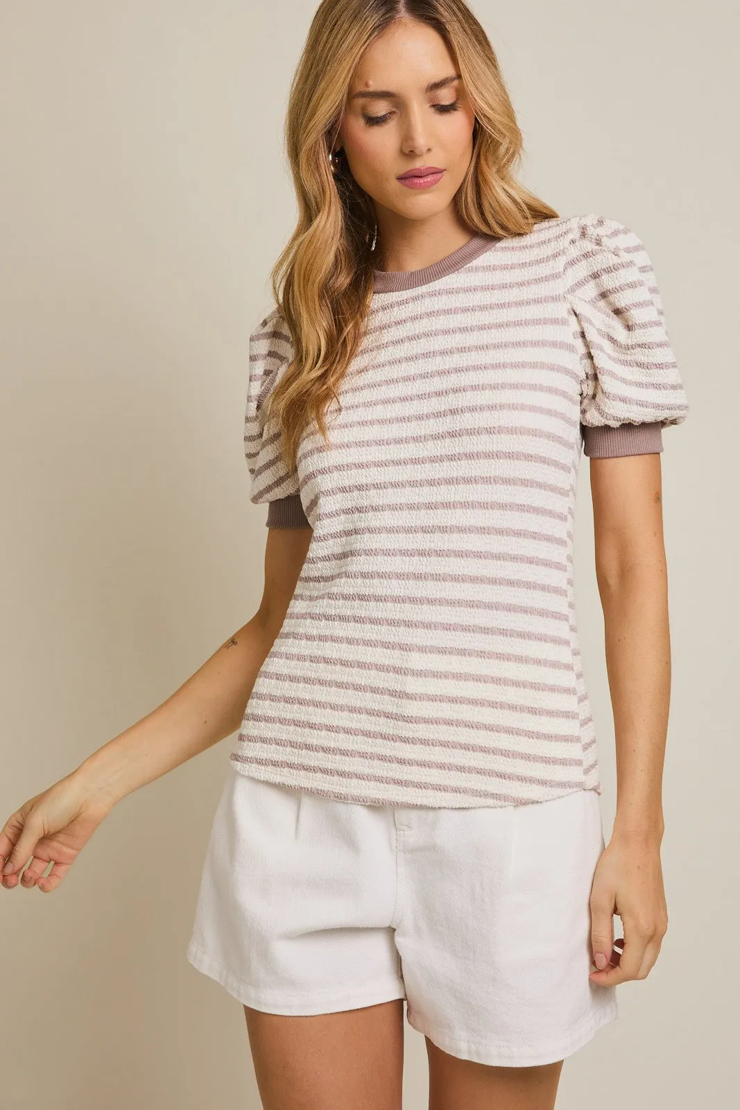 Ivory Striped Puff Short Sleeve Maternity Top sold by Pinkblush product image thumbnail 5