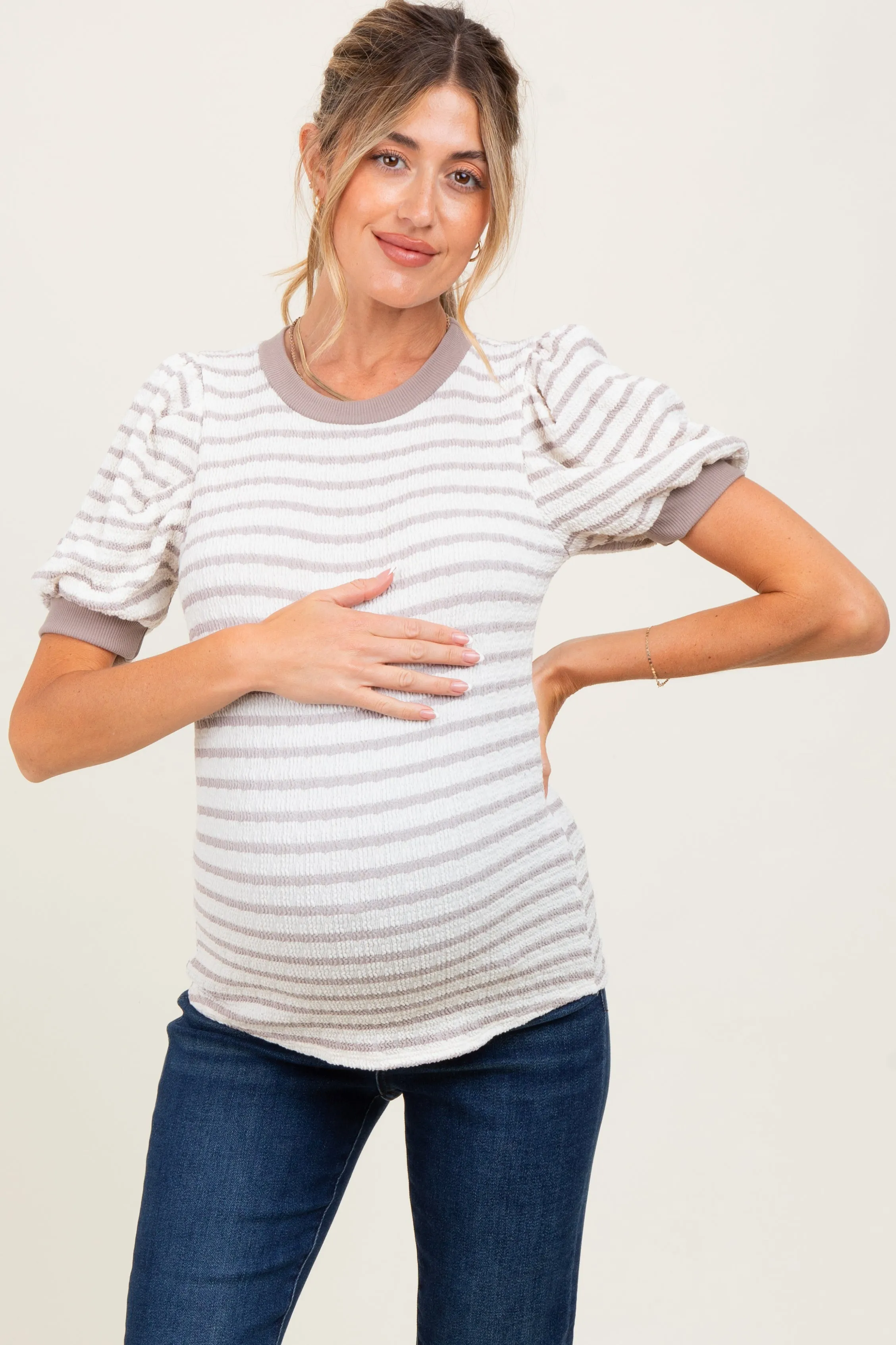 Ivory Striped Puff Short Sleeve Maternity Top sold by Pinkblush product image thumbnail 2
