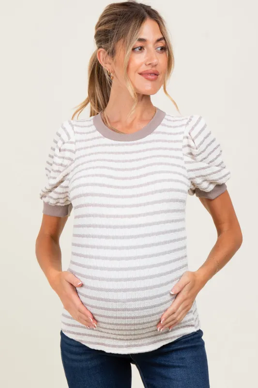 Ivory Striped Puff Short Sleeve Maternity Top sold by Pinkblush