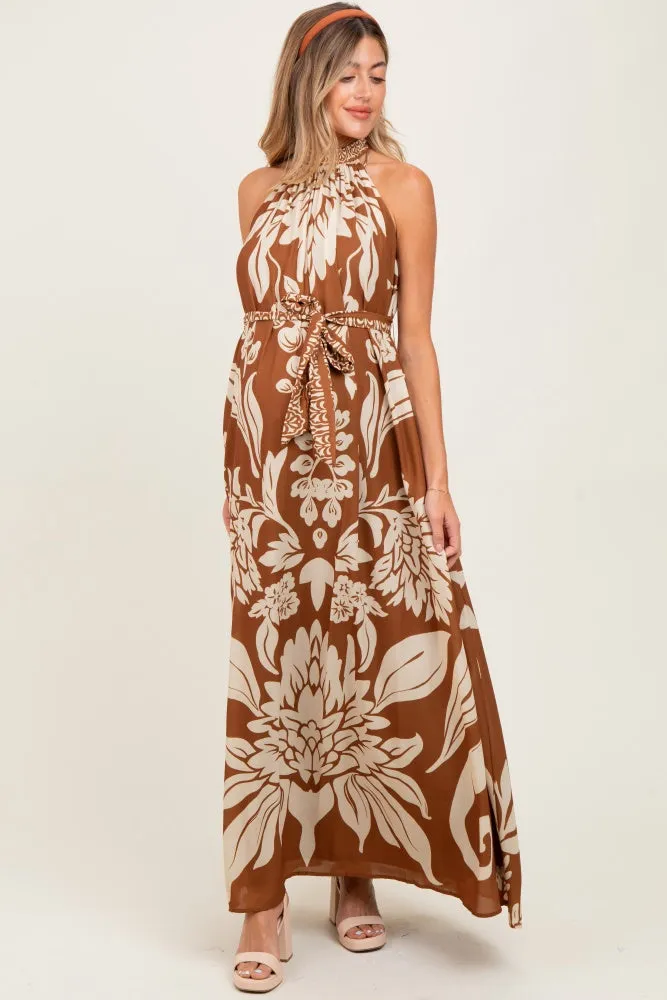 Camel Floral Halter Sleeveless Maternity Maxi Dress sold by Pinkblush product image thumbnail 2