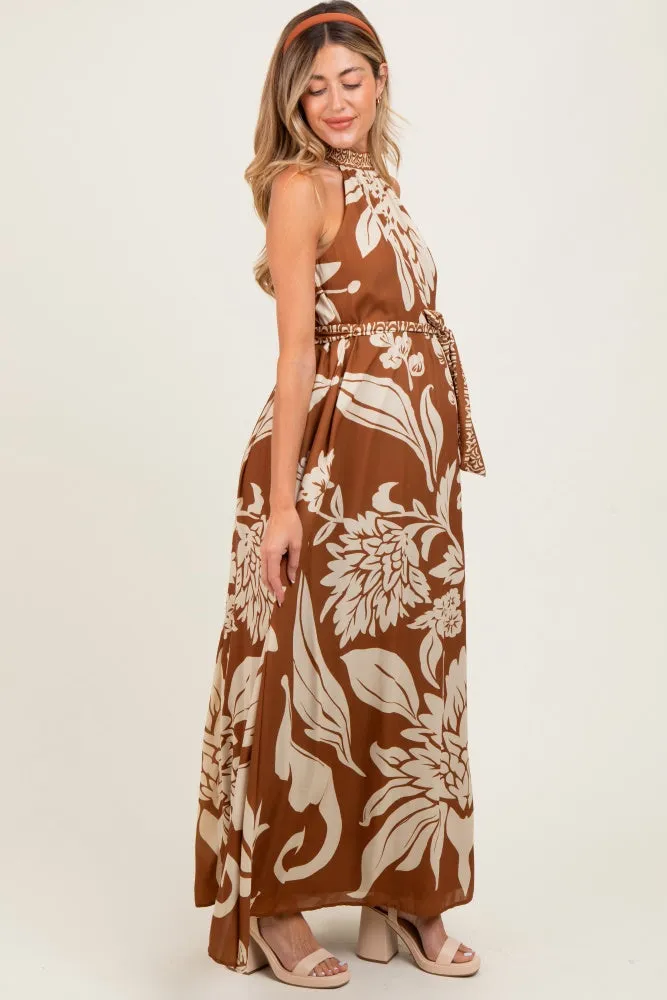 Camel Floral Halter Sleeveless Maternity Maxi Dress sold by Pinkblush product image thumbnail 3