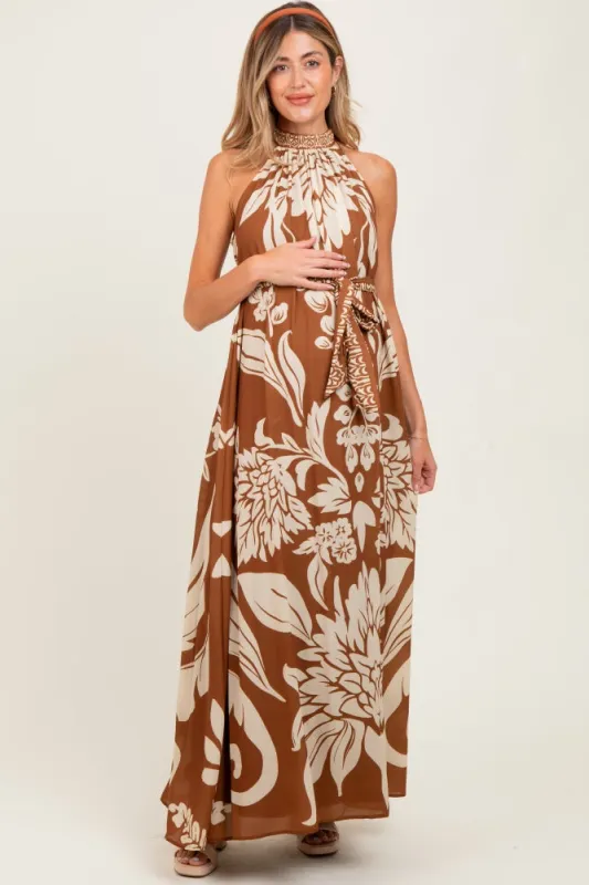 Camel Floral Halter Sleeveless Maternity Maxi Dress sold by Pinkblush