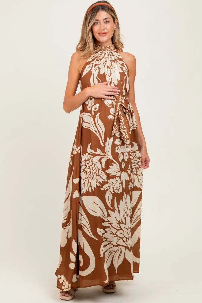 Camel Floral Halter Sleeveless Maternity Maxi Dress sold by Pinkblush