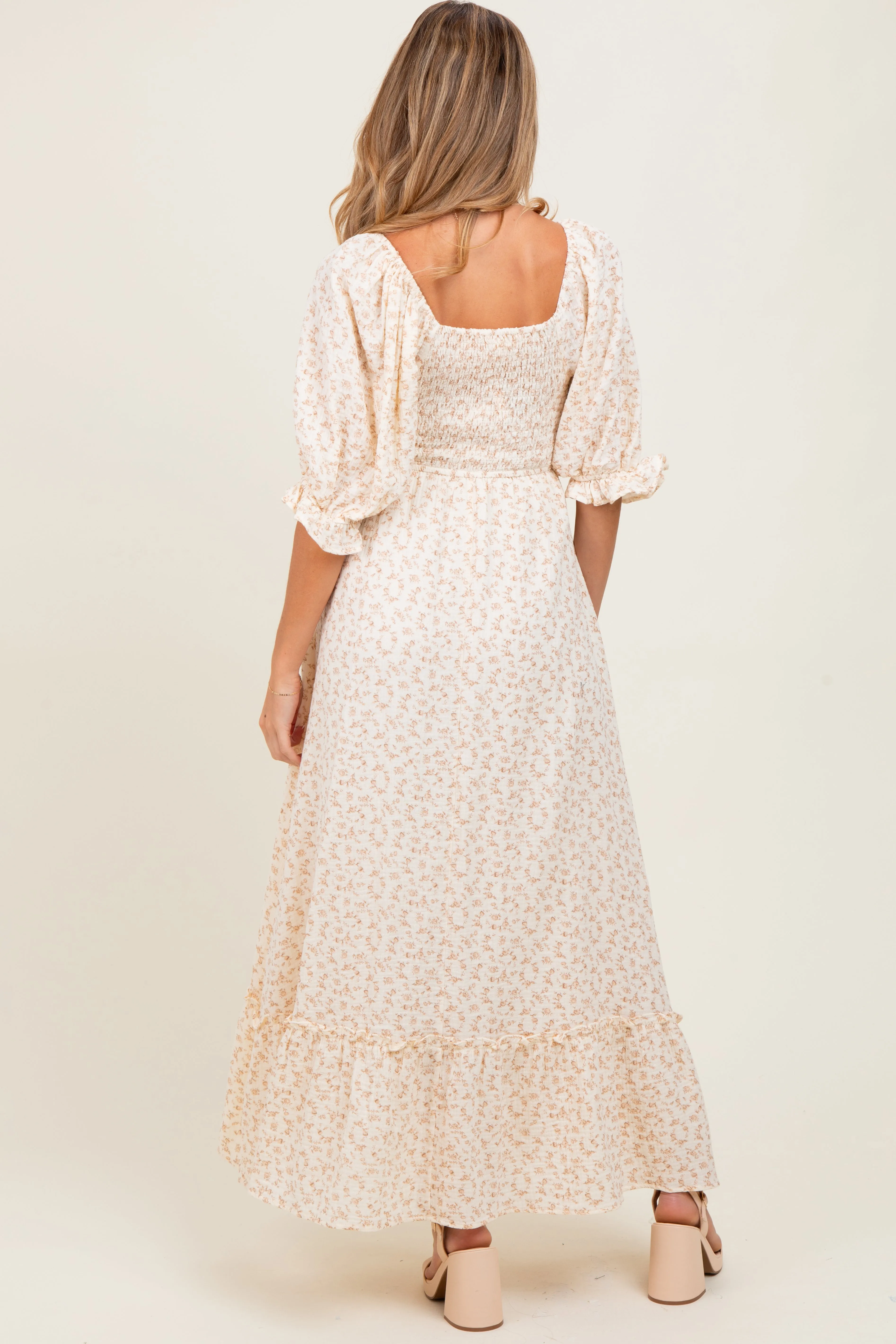 Beige Floral Print Square Neckline Maternity Maxi Dress sold by Pinkblush product image thumbnail 3