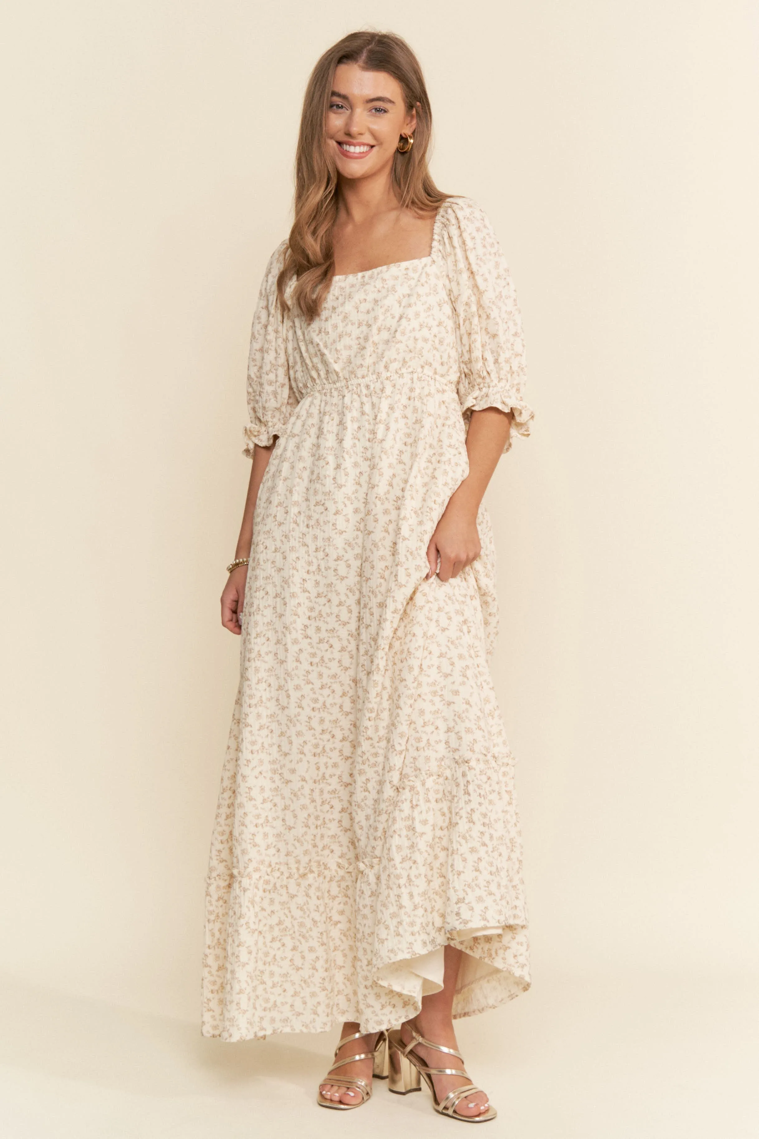 Beige Floral Print Square Neckline Maternity Maxi Dress sold by Pinkblush product image thumbnail 4