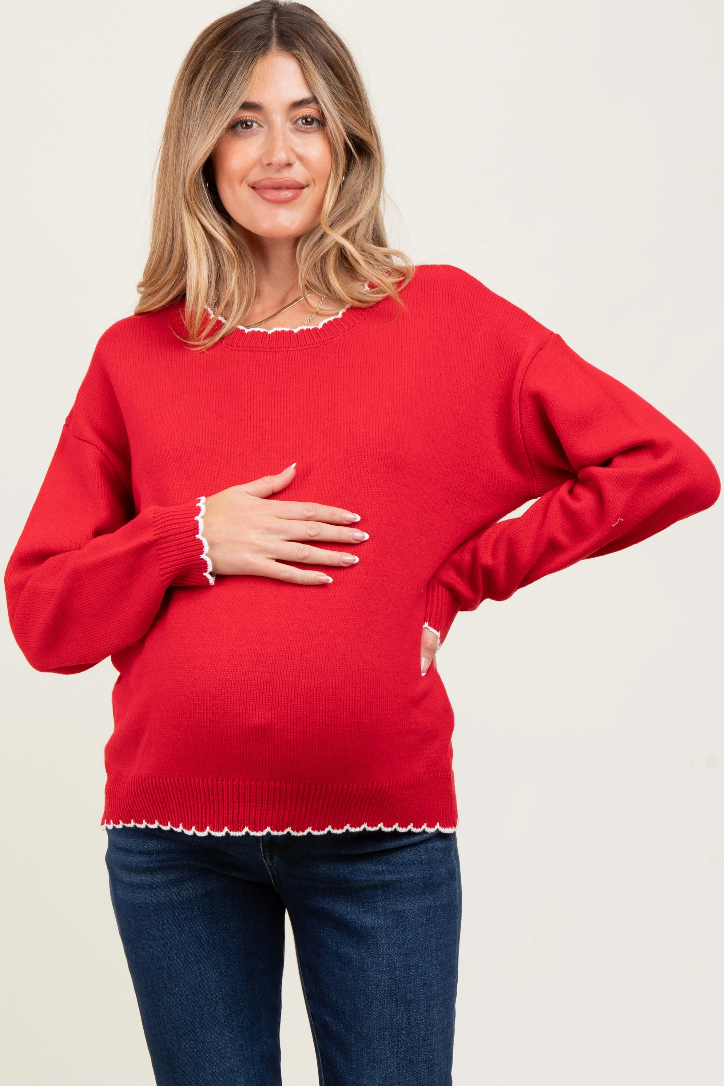 Red Contrast Scallop Trim Maternity Sweater sold by Pinkblush product image thumbnail 2