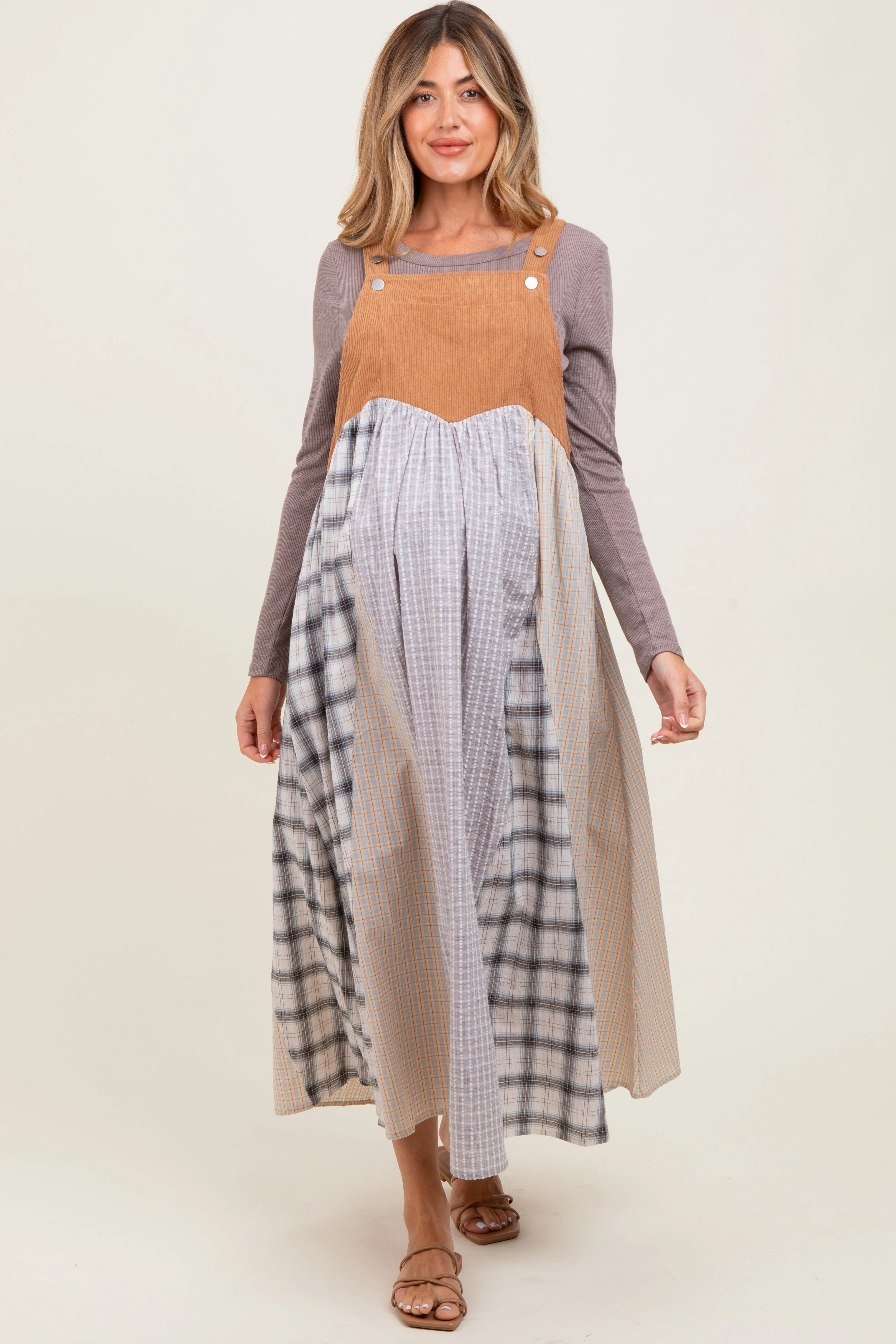 Mocha Multicolor Colorblock Plaid Denim Overall Maternity Dress sold by Pinkblush product image thumbnail 2