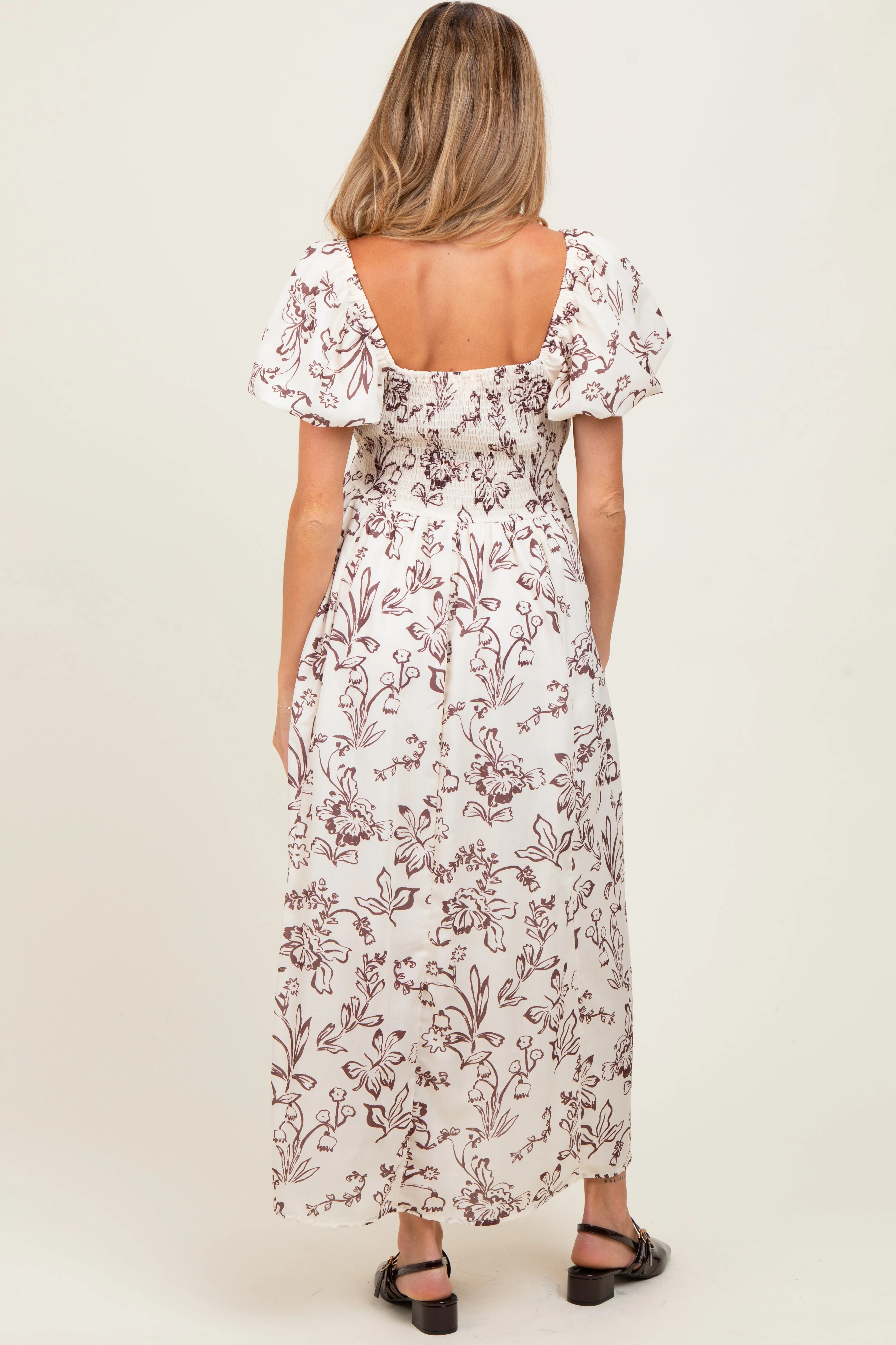Cream Floral Puff Sleeve Pleated Bodice Maternity Maxi Dress sold by Pinkblush product image thumbnail 3
