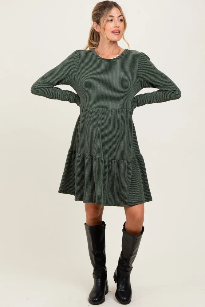 Olive Textured Rib Tiered Long Sleeve Maternity Dress sold by Pinkblush